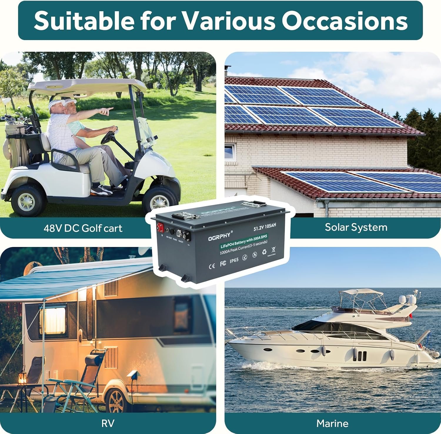 OGRPHY 48V Lithium Golf Cart Battery, 200A BMS(1000A Peak Current), with Touch Monitor & Mobile APP, 4000+ Cycles 48V Lithium Battery with 18A Charger, Perfect for Golf Carts, Solar(105AH) - Image 6