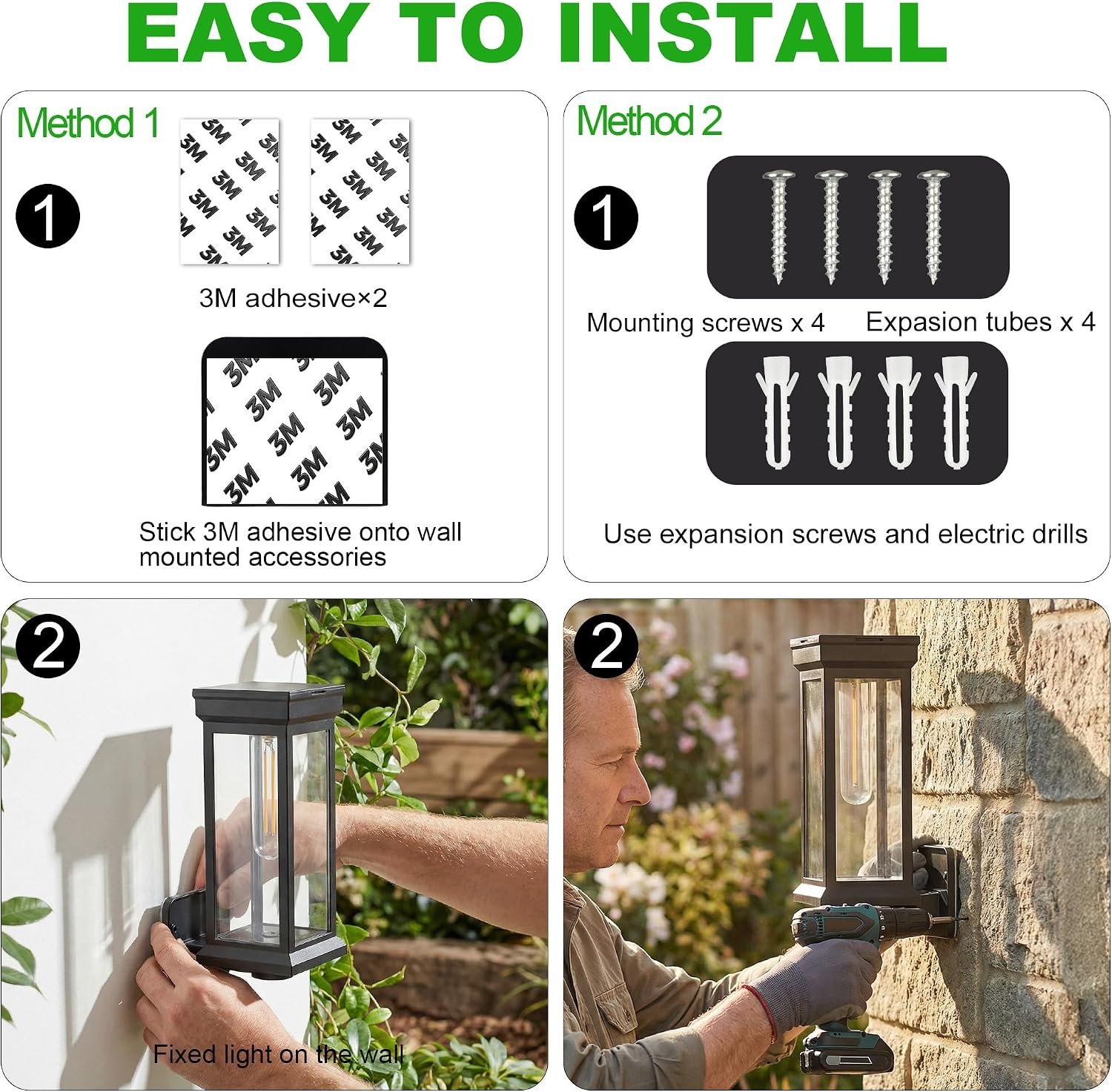 pearlstar Outdoor Solar Wall Lights 2Pack Dusk to Dawn Porch Solar Sconces Wall Mounted Lanterns Waterproof Exterior Lighting Fixtures with 2 Lighting Modes, for Outside Fence Patio Garage Yard - Image 6