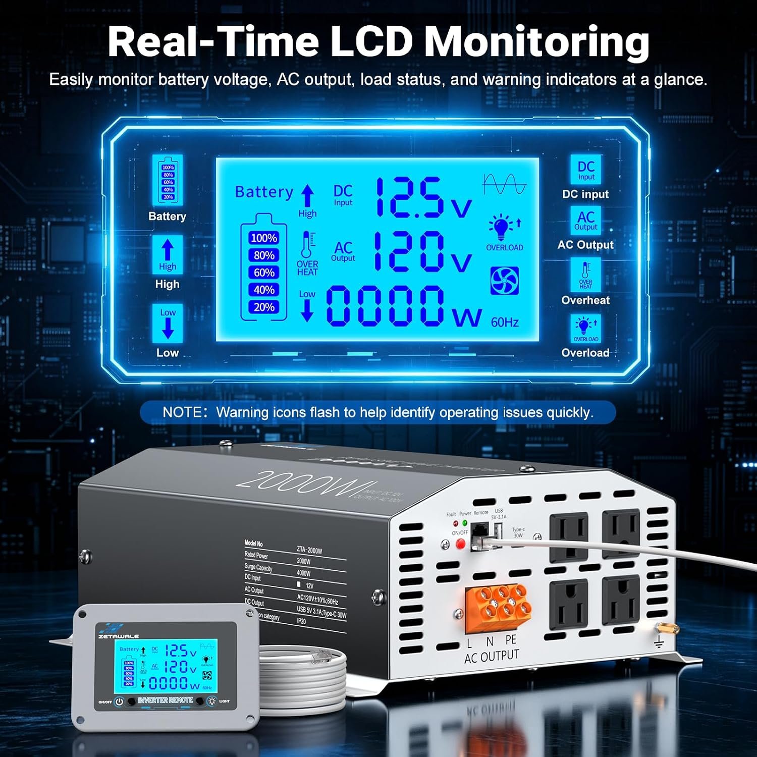 3000W Pure Sine Wave Inverter 12V DC to 120V AC Converter with LCD Remote | 6000W Peak,4AC Outlets, USB & Type-C Port,Clean power for Truck, RVs, Camping, Off Grid Systems, and Backup Applications - Image 2