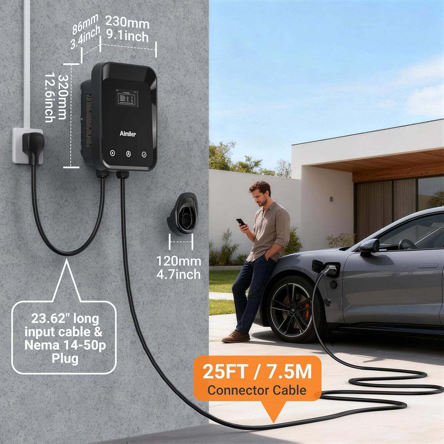 AIMILER Level 2 Electric Vehicle (EV) Charger(WiFi APP/Plug-Play), 48A, 25ft Cable ETL Certified, J1772 Connector EVSE EV Electric Car Charging Stations for Home Level 2 (Black 240V Nema 14-50P) - Image 7
