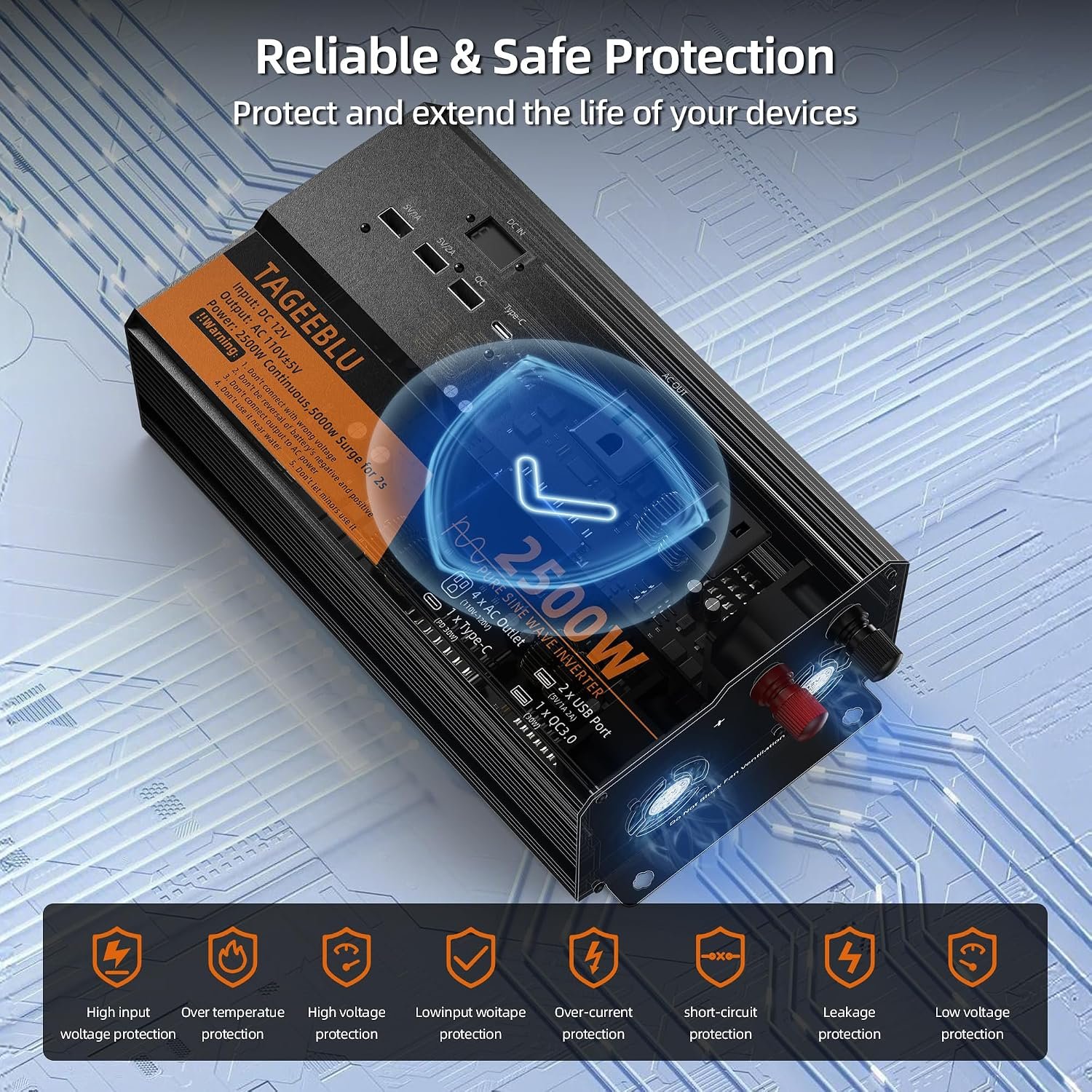 2500 Watt Pure Sine Wave Power Inverter, 12V DC to 110V 120V AC | Inverter for Car with 4 AC Outlets & 4 USB (30W QC & PD), LCD Display, 5000W Peak, Car Converter for Truck RV Home Off-Grid - Image 6