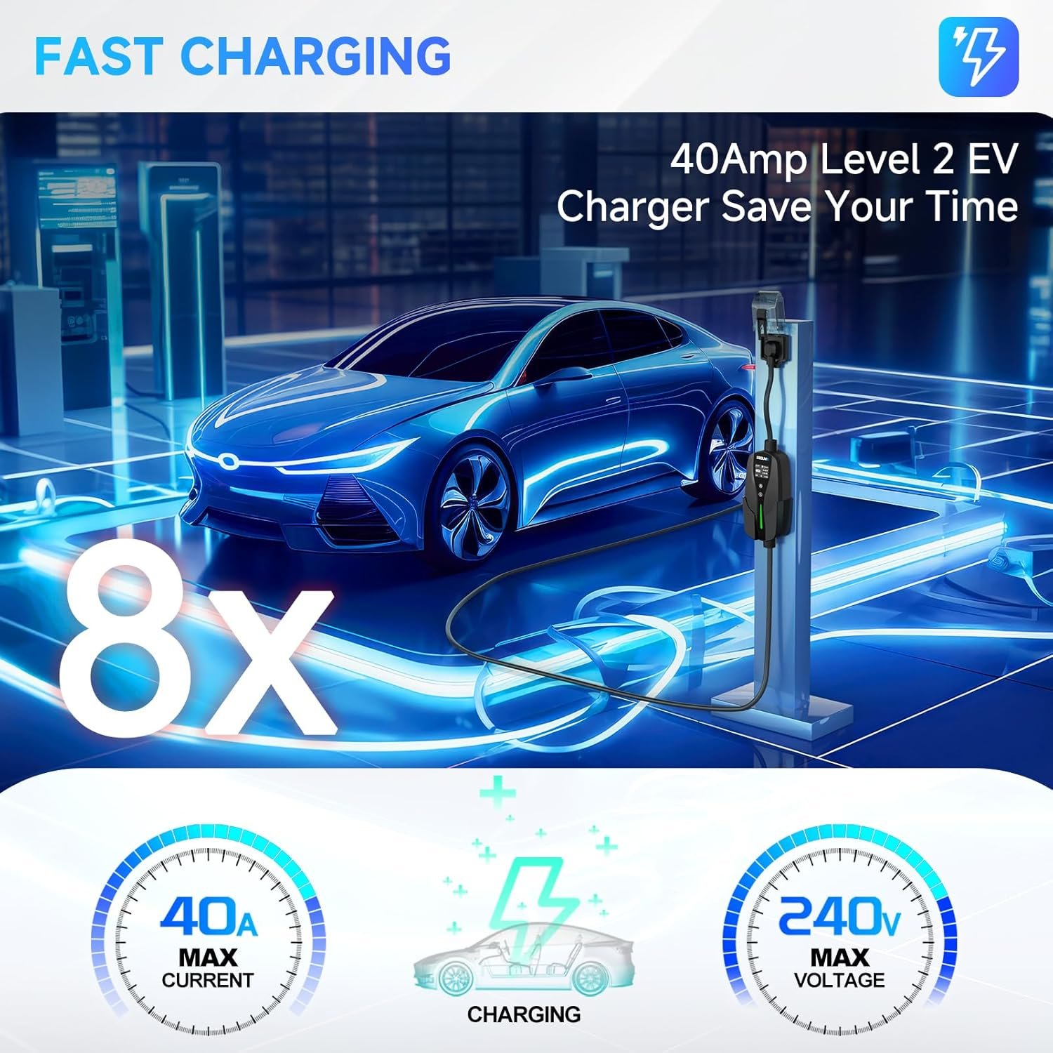 SEGUMA Level 2 EV Charger, 40Amp Electric Car Chargers for J1772 BEVs/PHEVs | 25FT Cable, NEMA 14-50 Plug, Adjustable Current, Timing Delay, Electric Vehicle Chargers, 240V 9.6kW - Image 2