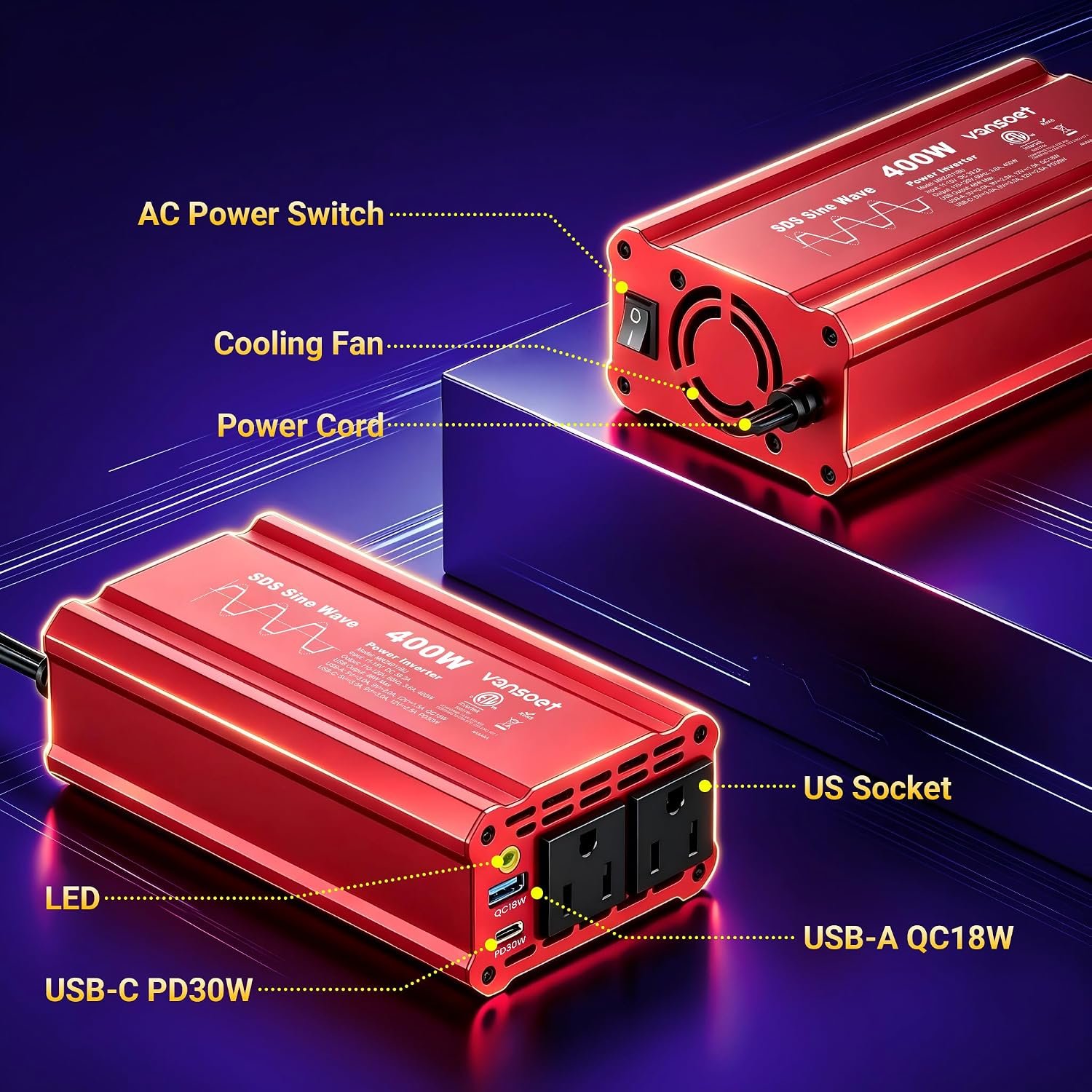 400W Car Power Inverter, DC 12V to AC 110V, PD3.0 QC18W 2 Outlets Dual USB | Peak Clipped Sine Wave, Car Charger Plug Adapter Power Converter, Charging Ports (Red-400) - Image 5