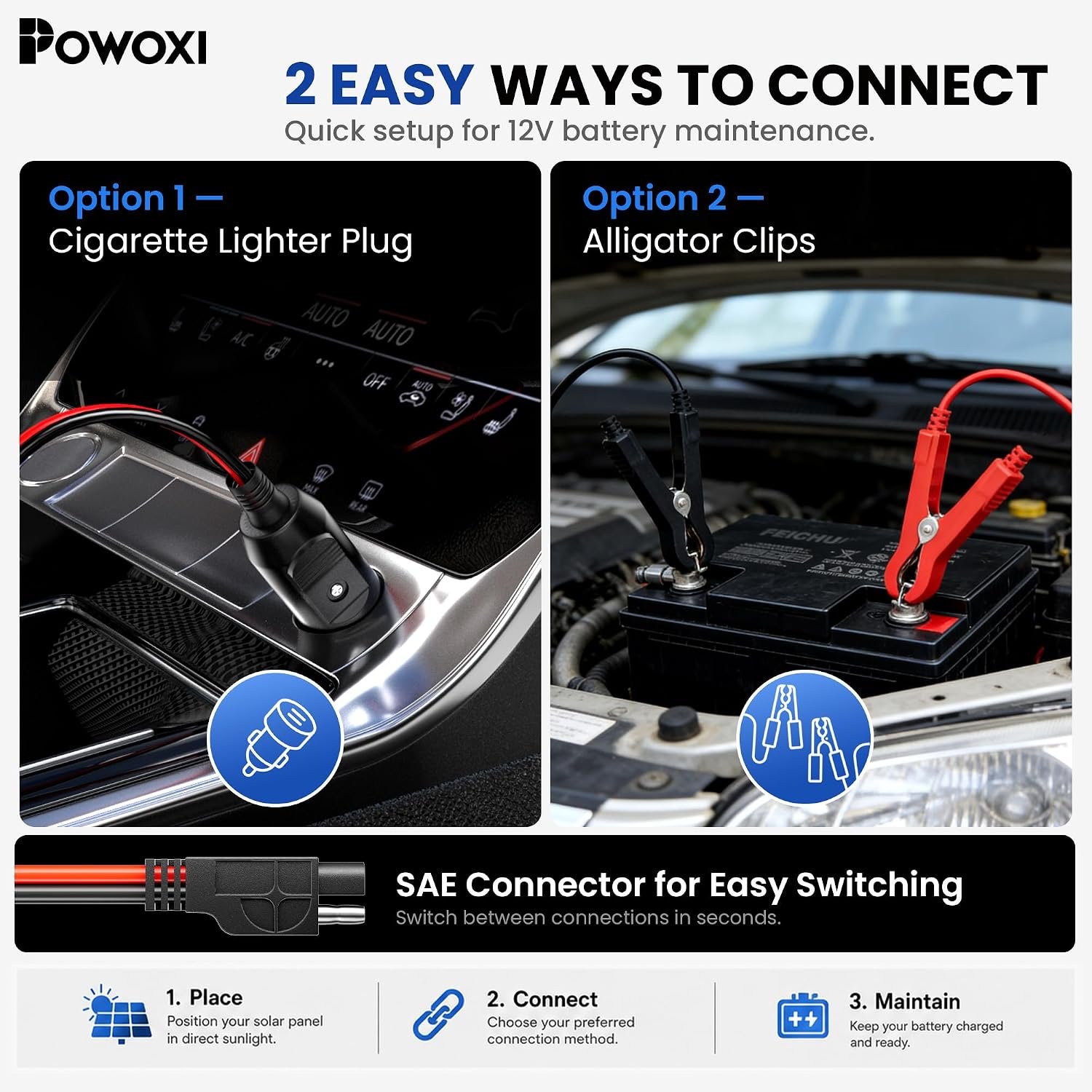POWOXI 7.5W 12V Solar Battery Charger Trickle Maintainer Kit for Car | Smart Charge Controller | Waterproof | Intelligent Safety Protections | for Boat, Marine, RV, Automotive, Motorcycle, Trailer - Image 5