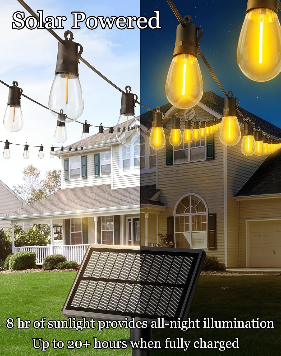 50ft Solar Powered Lights Outdoor - Waterproof String Light Outside Patio | Yard Garden Fence Backyard Deck Porch Balcony Patios Camping Battery Operated Lighting Hanging with LED Edison Bulbs S14 - Image 3