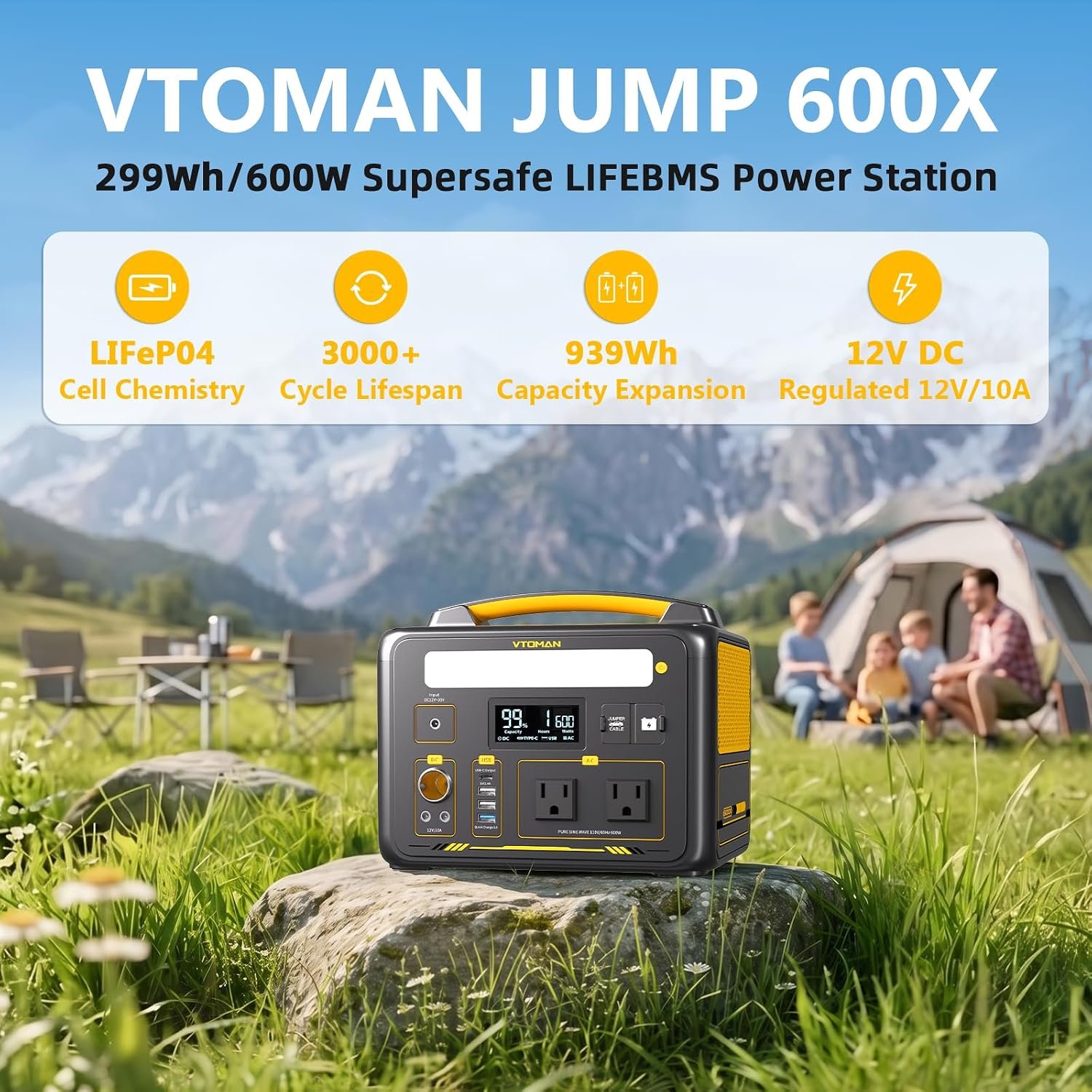 VTOMAN Jump 600X Portable Power Station 600W, 299Wh LiFePO4 Battery | 1200W Surge AC Outlet, PD 60W USB-C, 2-In-1 Solar Generator with Jump Start for Blackout, Camping, Outage and Road Trip - Image 2