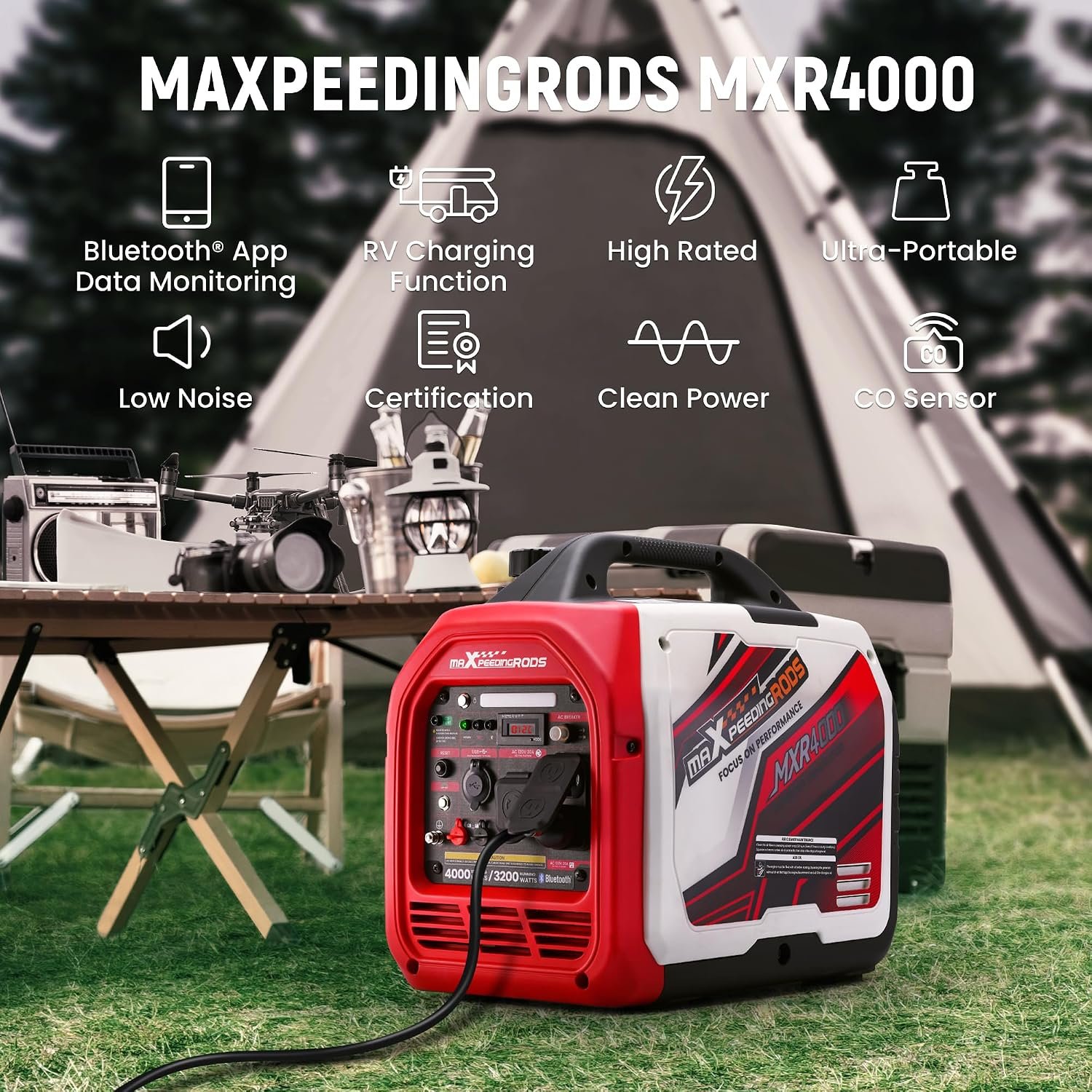 maXpeedingrods 4000 Watt Inverter Generator, Bluetooth® App Data Monitor | Portable Gas Powered Generaator Remote Data Check RV Ready, with CO Alarm for Outdoor Camping, Home Backup,MXR4000 - Image 7