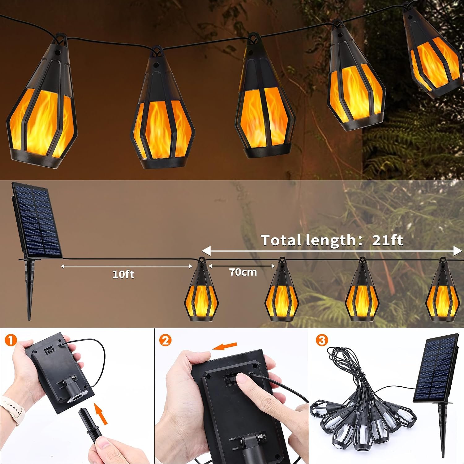Solar String Lights for Outside, 21Ft Solar Patio Light with 10 Flickering | Flame Light Bulbs, Waterproof Orange Halloween Lights for Garden Yard Patio Gazebo Bistro Cafe Party Halloween Decorations - Image 3