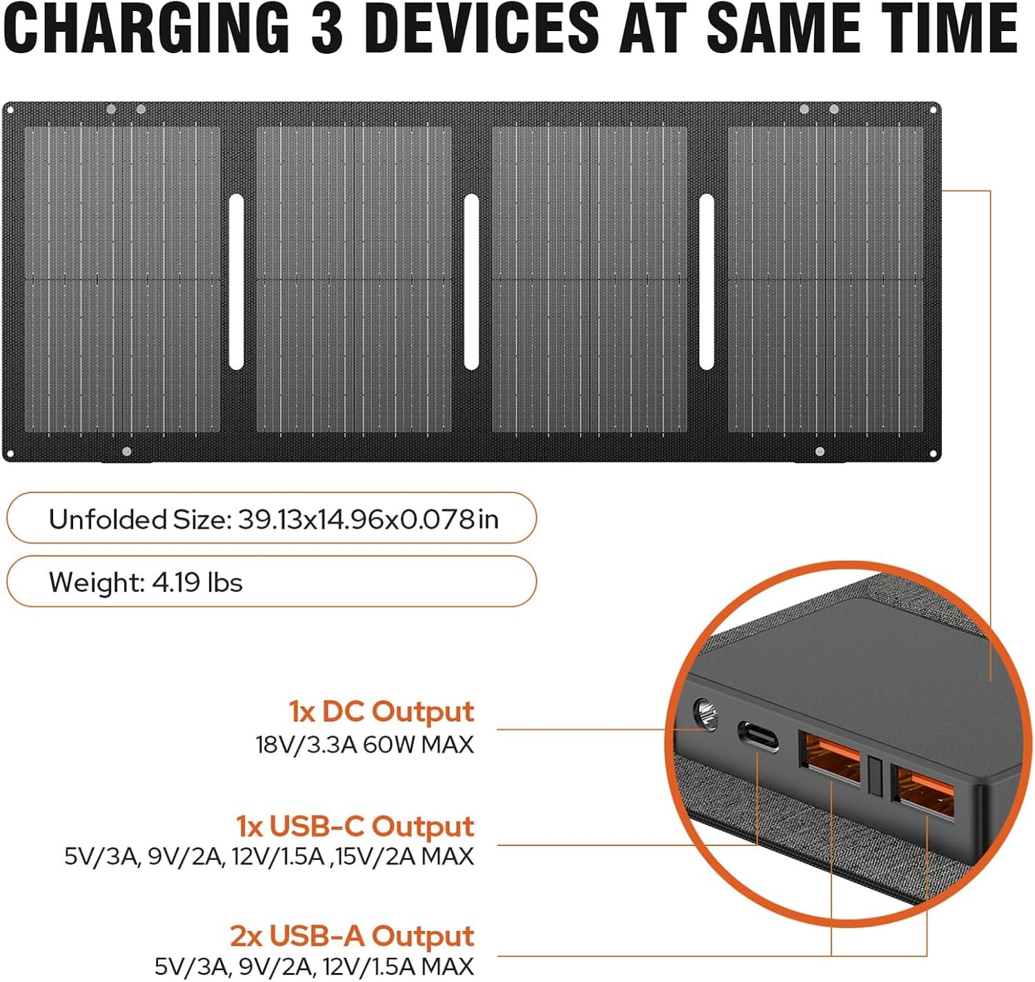 Portable Solar Generator 300W Portable Power Station with 60W Solar Panel | 110V Pure Sine Wave 280Wh Battery Solar Power Pack with USB QC3.0 DC AC Outlet for Camping Smart Device RV Van Outdoor-Orange - Image 7
