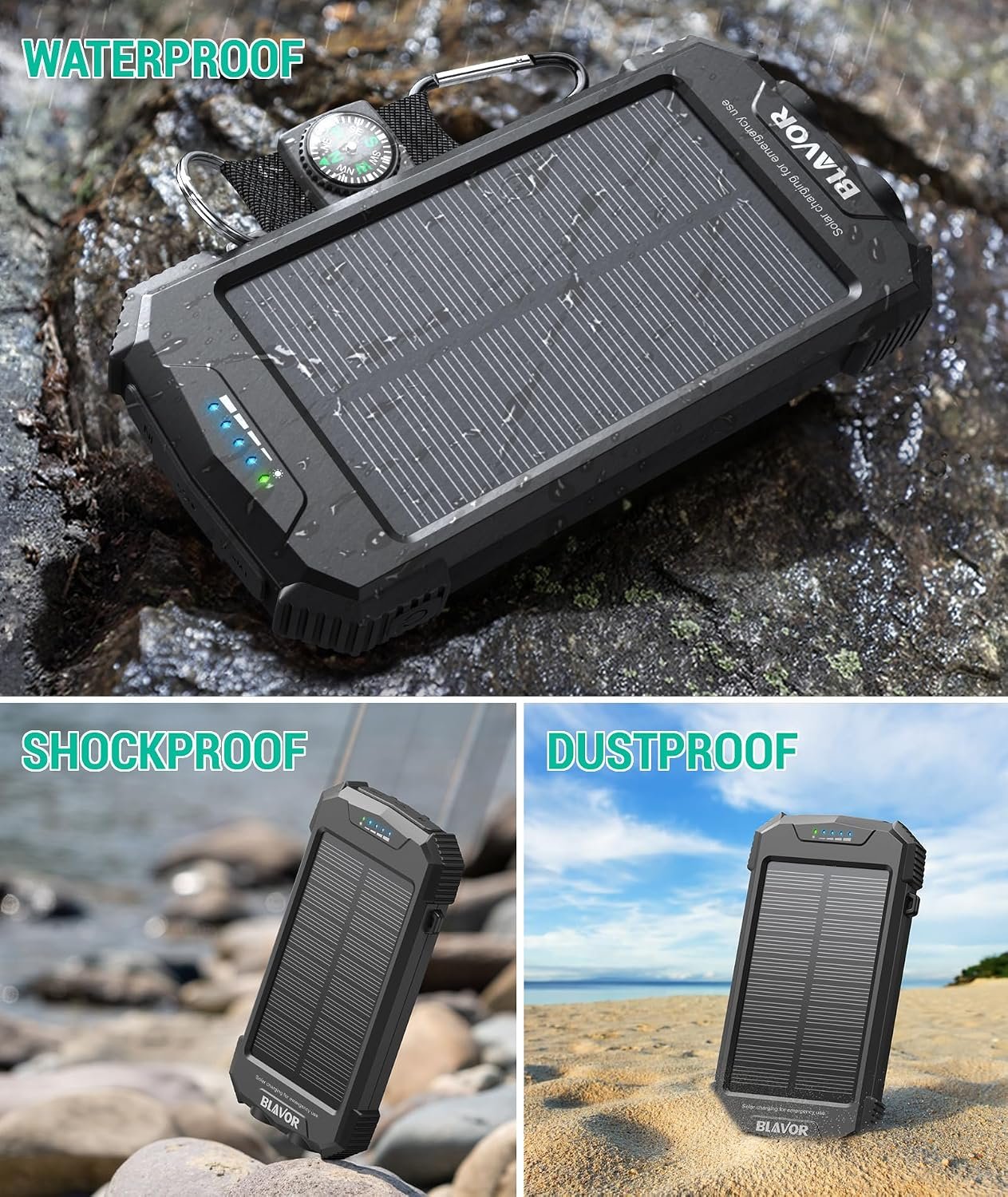 BLAVOR Solar Power Bank 10,000mAh, Portable Wireless Charger, 20W Fast Charging External Battery Pack with USB C for Cell Phones, Solar Panel Charging with Dual Flashlight for Camping - Image 6