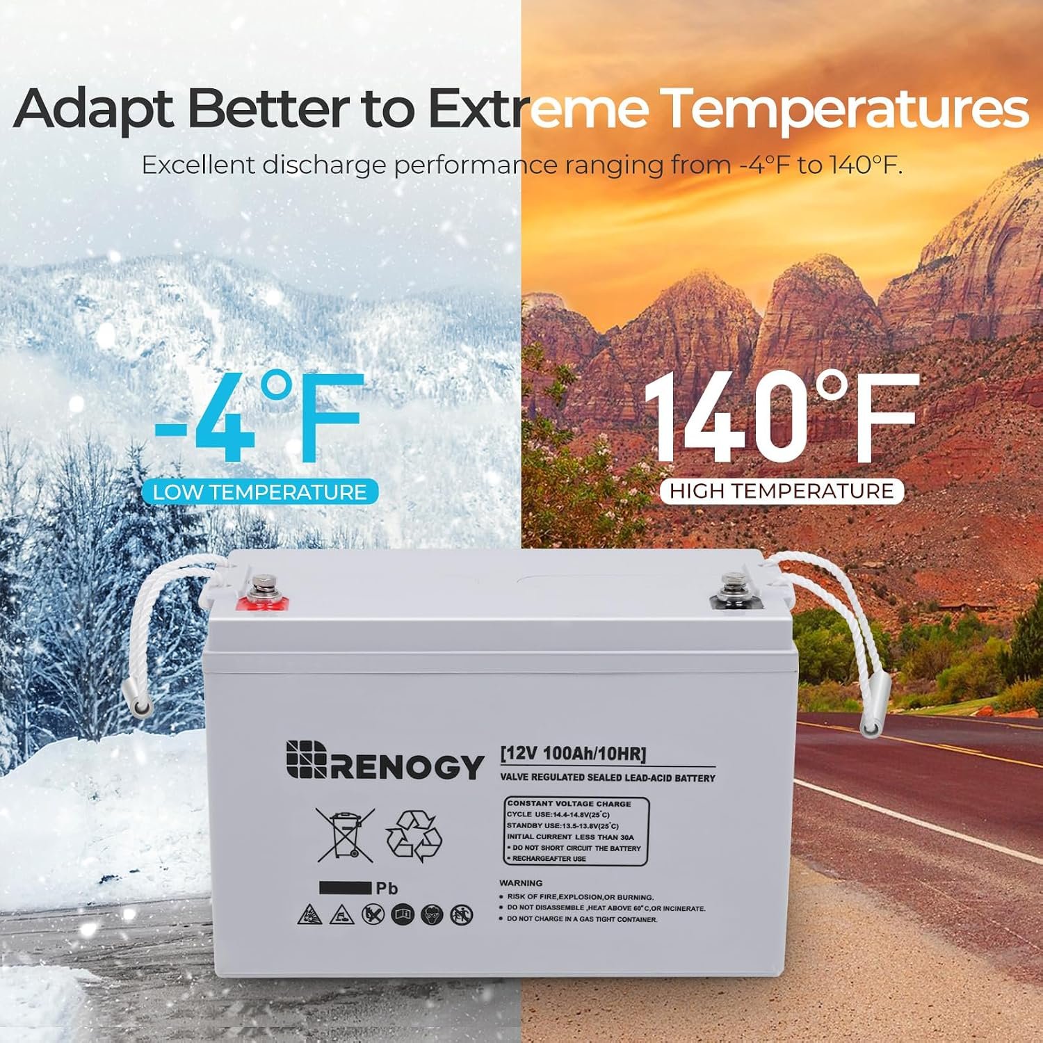 Renogy 12 Volt 100Ah Deep Cycle AGM Battery, Lead Acid Solar Battery | 3% Self-Discharge Rate, 1100A Max Discharge Current, Safe for RV, Camper, Cabin, Home Apliances, Marine and Off-Grid System - Image 3