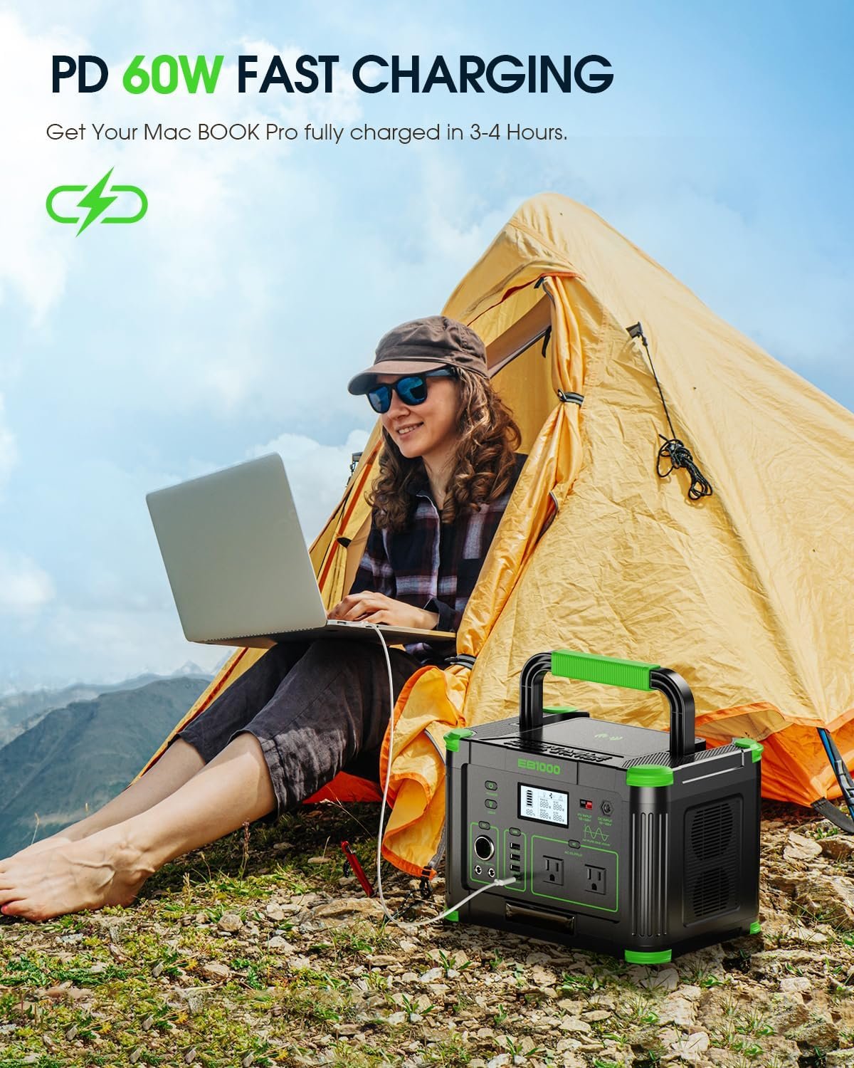 1000W Portable Power Station 999Wh, Solar Generator for Outdoor Emergency | 10 Ports & 60W PD USB-C Fast Charging, 120V Pure Sine Wave AC Outlet for Home Backup, Camping, Fishing, RV, Van Travel - Image 4