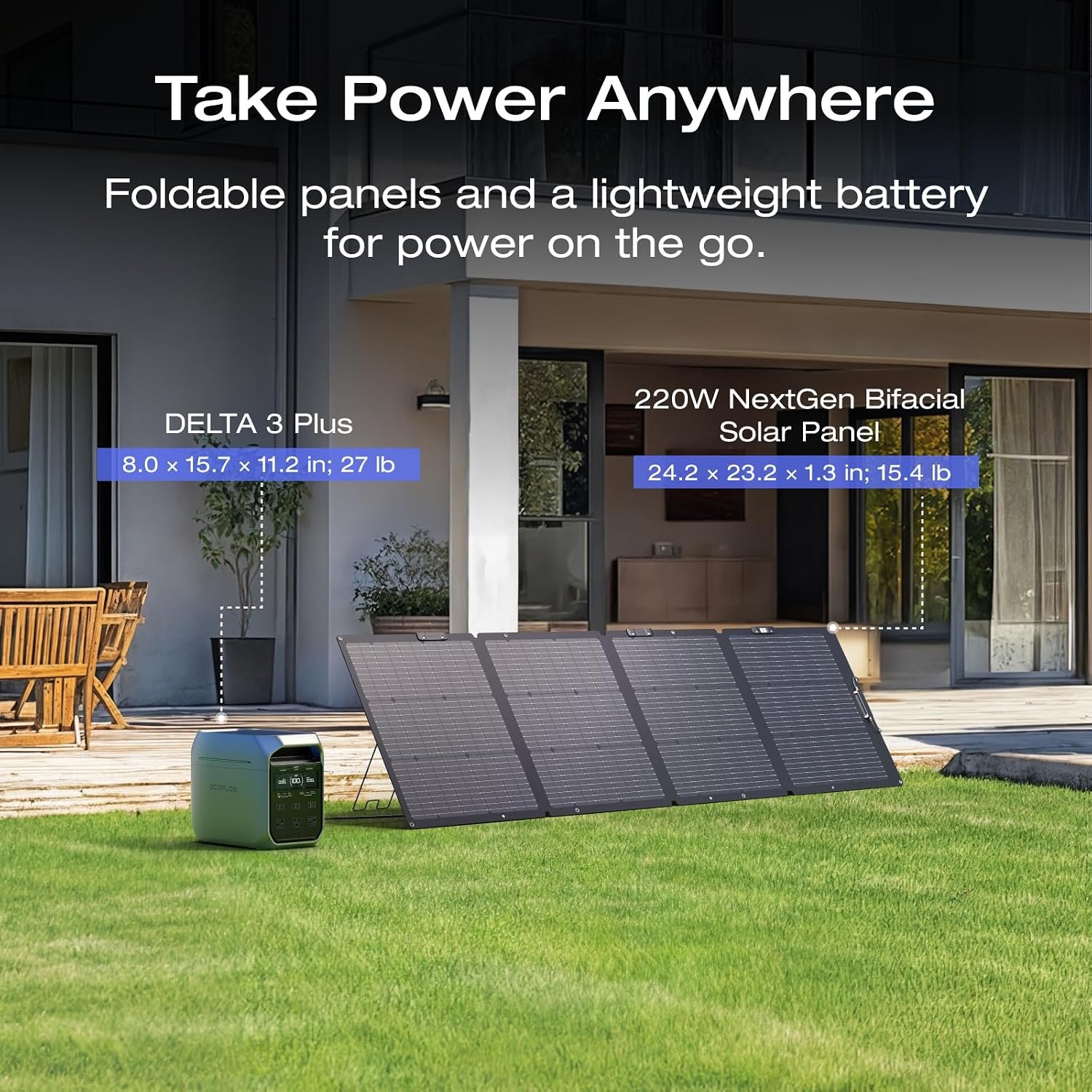 EF ECOFLOW Solar Generator DELTA 3 Plus with 220W Bifacial Panel, 1024Wh | LFP(LiFePO4) Battery, 1800W AC/140W USB-C Output, Portable Power Station for Home Backup Power, Camping & RVs - Image 2