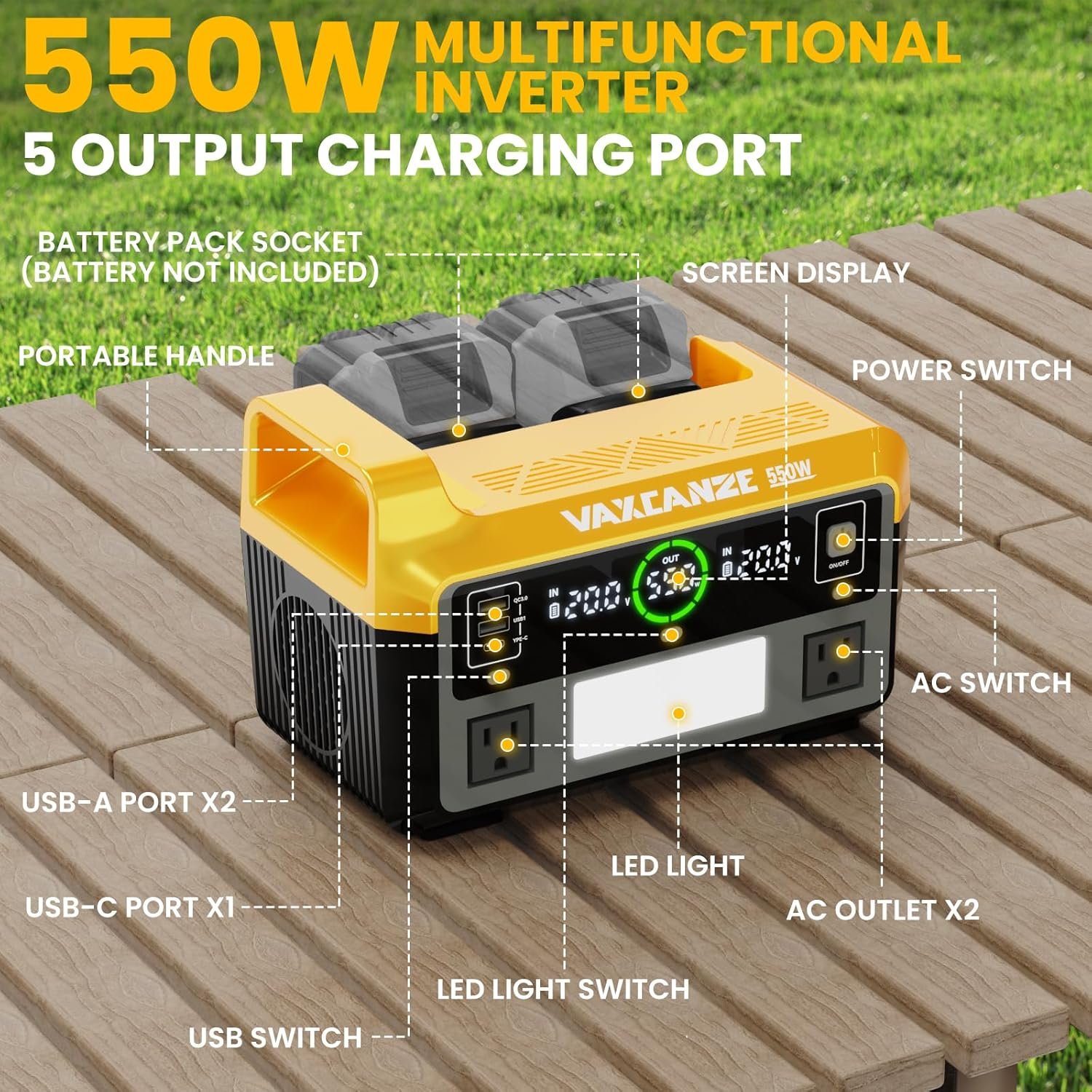 550W Power Inverter for Dewalt, DC 20V to AC 110V Pure Sine Wave, Portable Power Station with 2 USB Ports & 1 AC Outlet & 1 Type-C Fast Charging, Battery Adapter with LED, Battery Not Included - Image 5