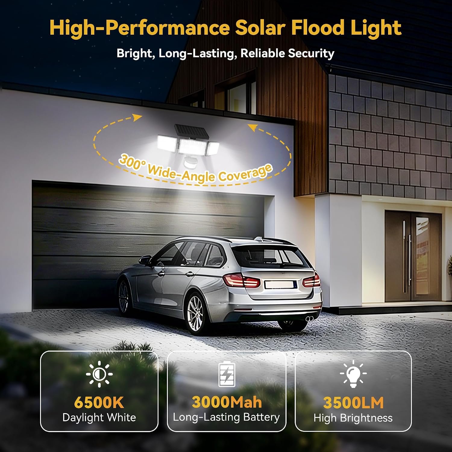 Solar Lights Outdoor, 3500LM 168 LED Motion Sensor Solar Flood Lights, 3 Heads 300° Wide Angle, 3 Modes IP65 Waterproof Solar Security Lights for Yard Garden Patio, 2 Pack (Black) - Image 3