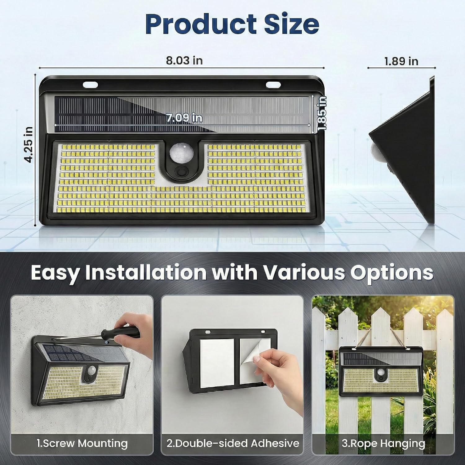 Solar Flood Lights Outdoor Motion Sensor, 452 LED Solar Security Lights with 26FT PIR Sensor, 270° Wide Angle, 30% Solar Conversion, IP65 Waterproof, 3 Modes for Yard Garage Fence Patio, 2 Pack - Image 6