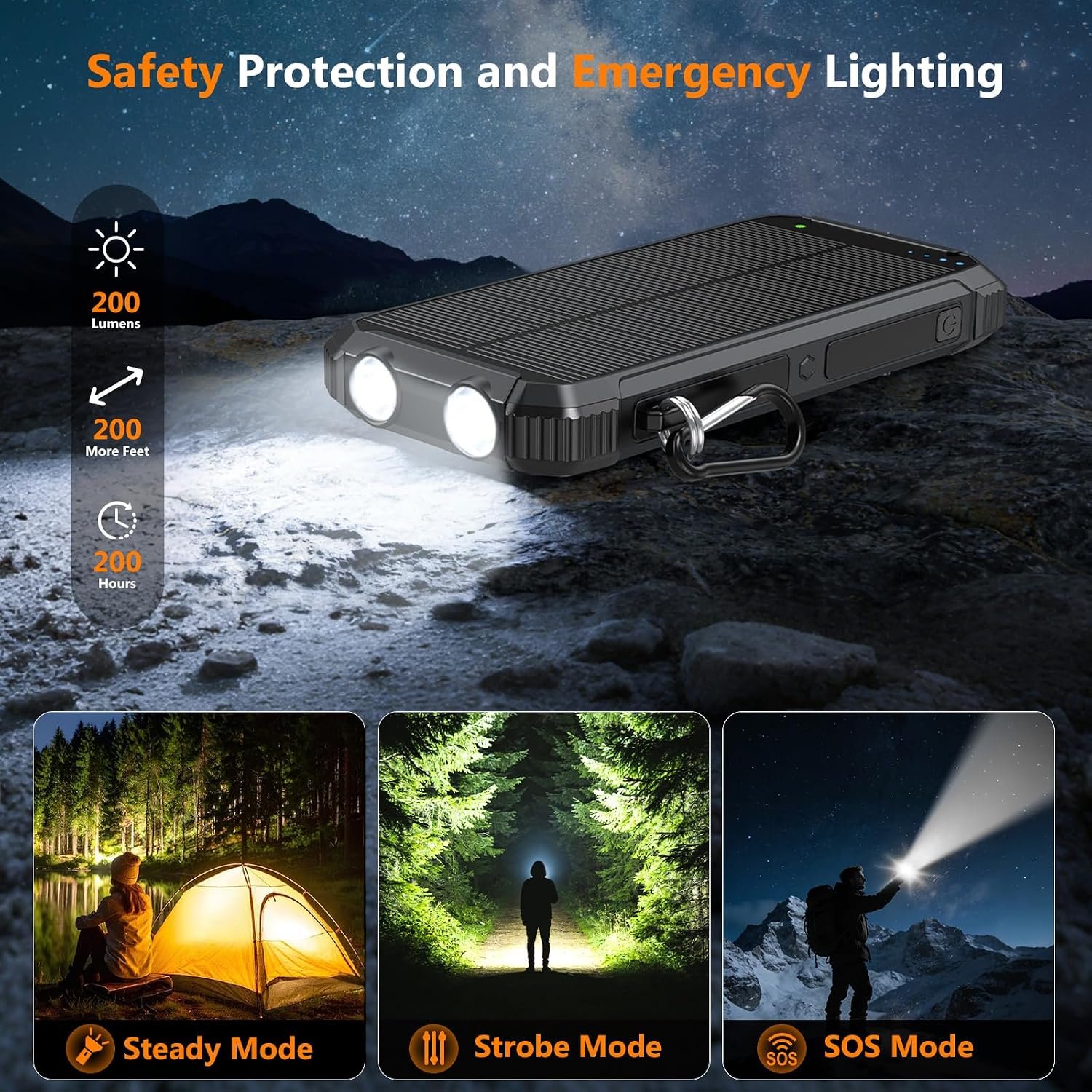 Solar Power Bank 20000mAh, Portable Charger with Built-in 3 Cables (USB-C/Lightning/Micro-USB), 15W Fast Charge, Battery Pack for iPhone Samsung Android, Solar for Emergency Only, Perfect for Camping - Image 6