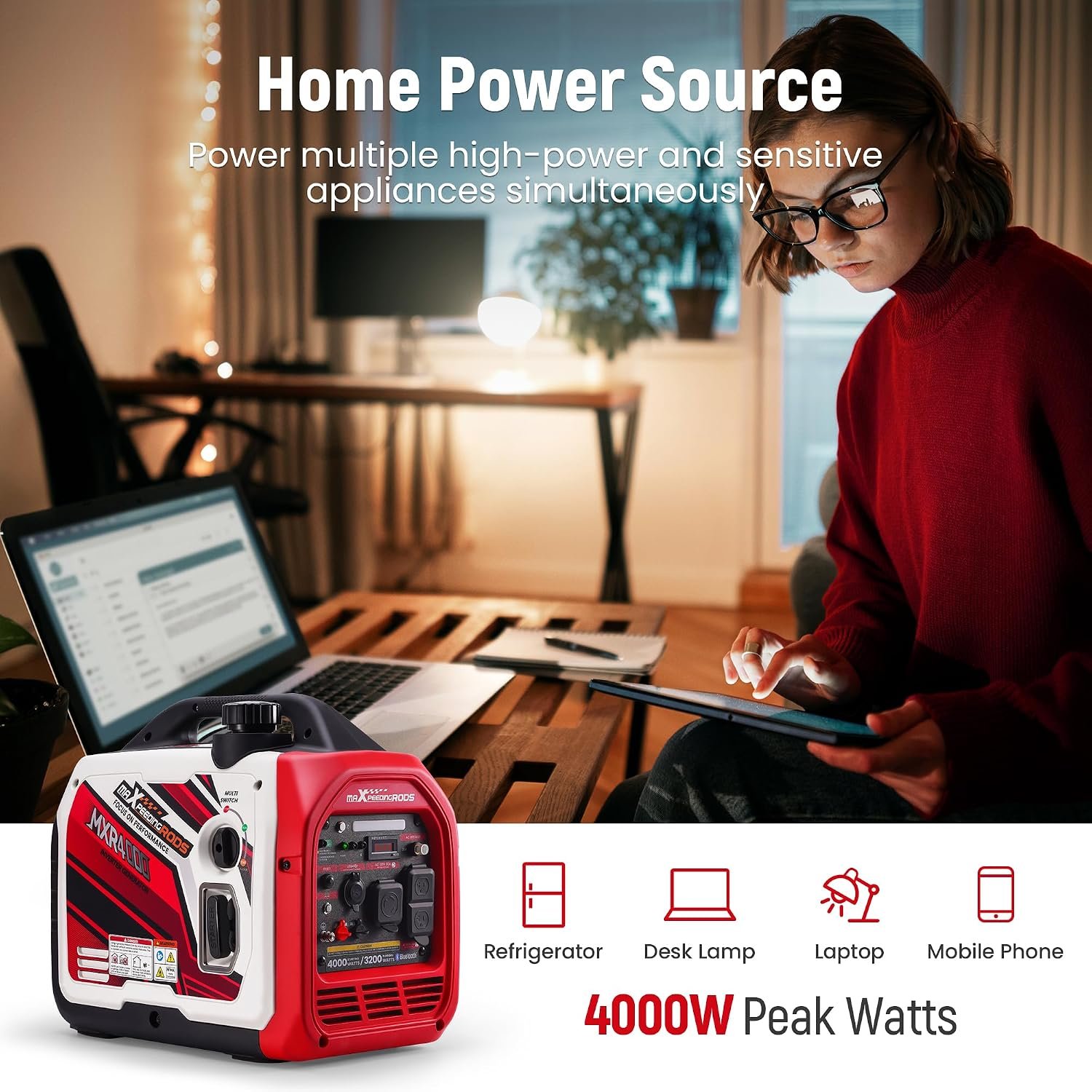 maXpeedingrods 4000 Watt Inverter Generator, Bluetooth® App Data Monitor | Portable Gas Powered Generaator Remote Data Check RV Ready, with CO Alarm for Outdoor Camping, Home Backup,MXR4000 - Image 6