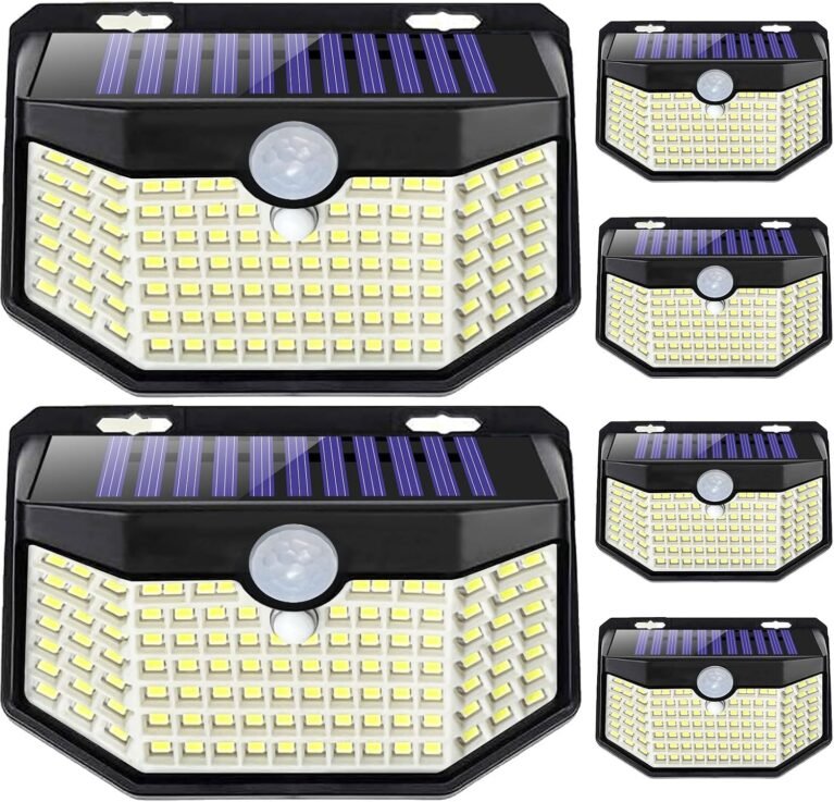 HMCITY 120 LED Outdoor Solar Lights with Motion Sensor and 3 Lighting Modes, IP65 Waterproof Wide Solar Wall Lights Ideal for Garden Patio Yard (Front Button 6Packs, Black Shell-Daylight White)