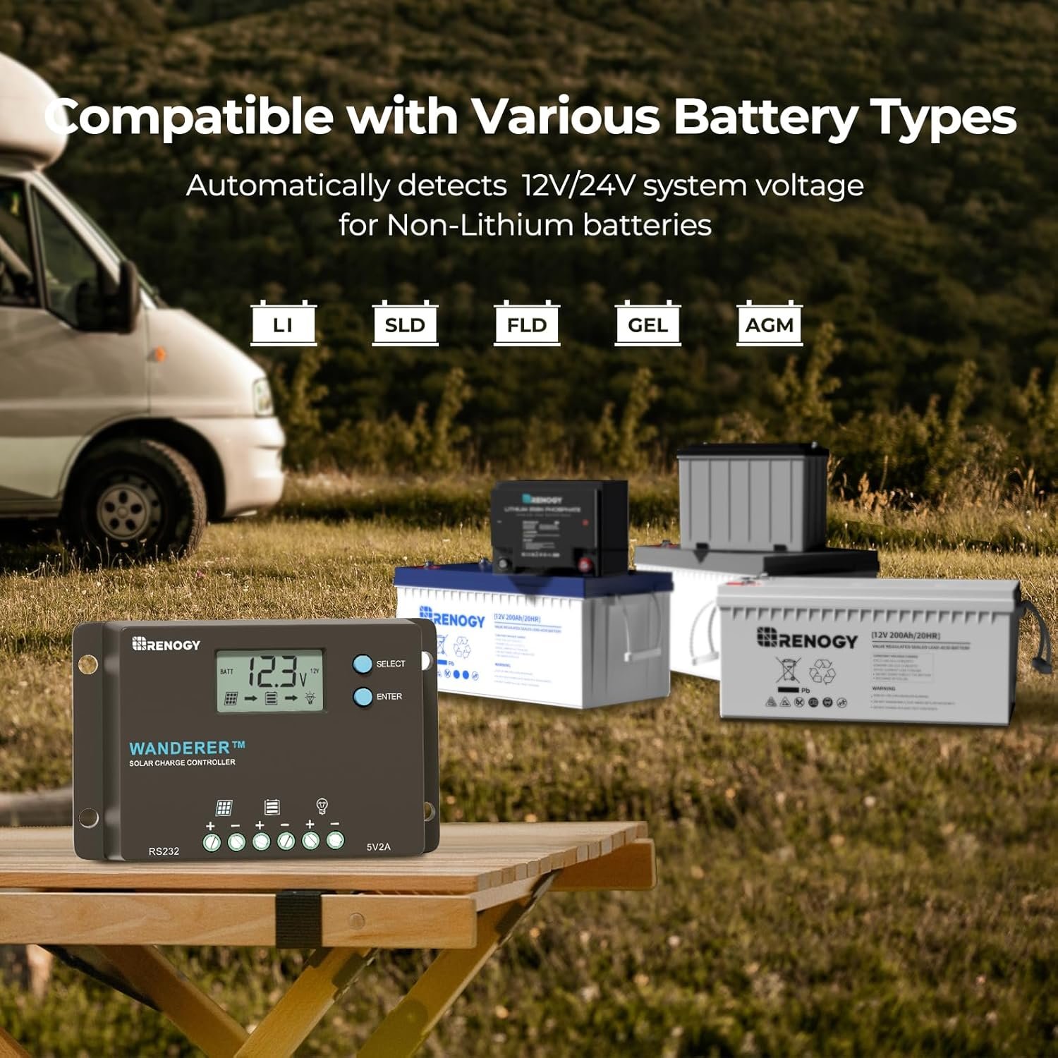 Renogy 12/24V 10A Wanderer PWM Solar Charge Controller for Solar Panels | 50V PV input, AGM/Gel/Flooded (auto), Li (manual), LCD, overcharge/ short protection, negative ground, temp comp, for RVs - Image 5