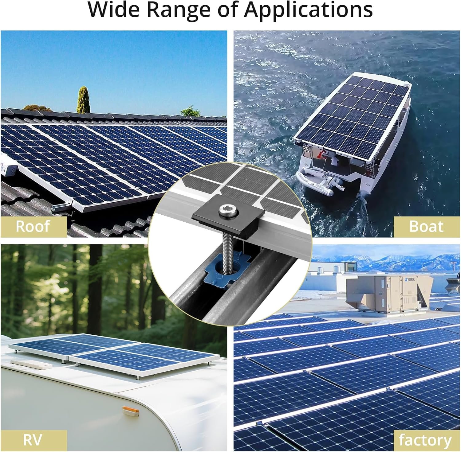 Anbte 20pcs Solar Panels Mid Clamps for Unistrut, 30mm/35mm, Black | Aluminium Solar Panel Brackets, Solar Panel Mounting Kit for Metal Roof, Tin Roof, Flat Roof, Sheet Roof, RV, Black - Image 8