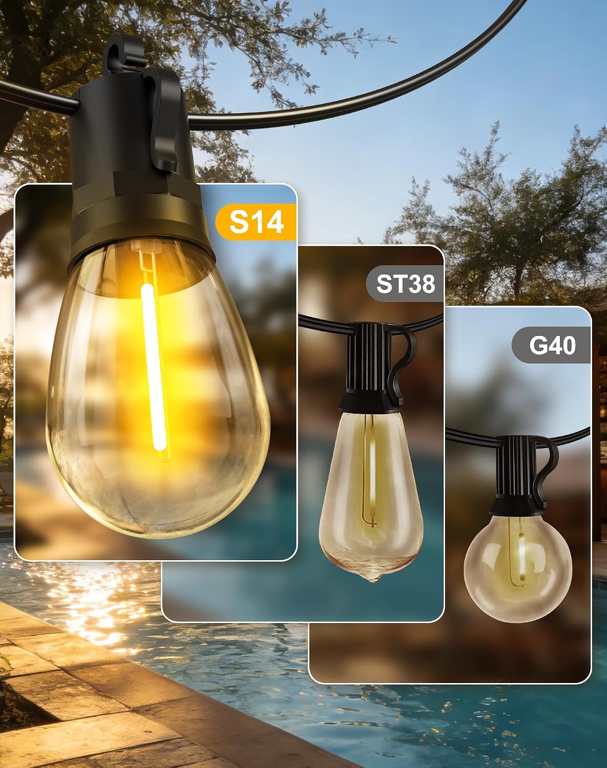 50ft Solar Powered Lights Outdoor - Waterproof String Light Outside Patio | Yard Garden Fence Backyard Deck Porch Balcony Patios Camping Battery Operated Lighting Hanging with LED Edison Bulbs S14 - Image 7