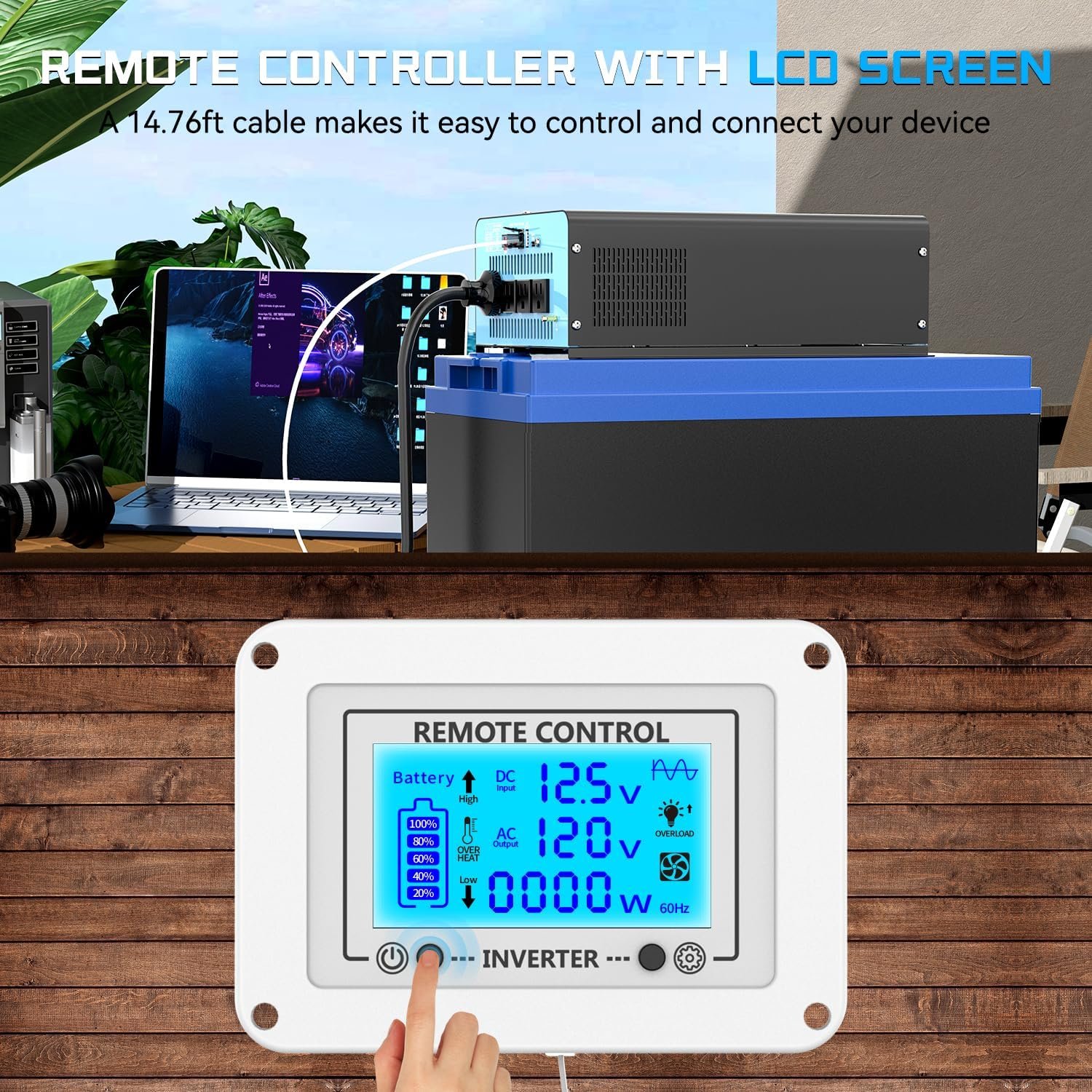 2200 Watts Pure Sine Wave Inverter 12V DC to 110V AC, 4400W Peak Power, 4 AC Outlets, USB & Type-C Port, Adjustable Input for Lithium Battery, RV/Truck/Boat/Solar Backup with LCD Remote - Image 4