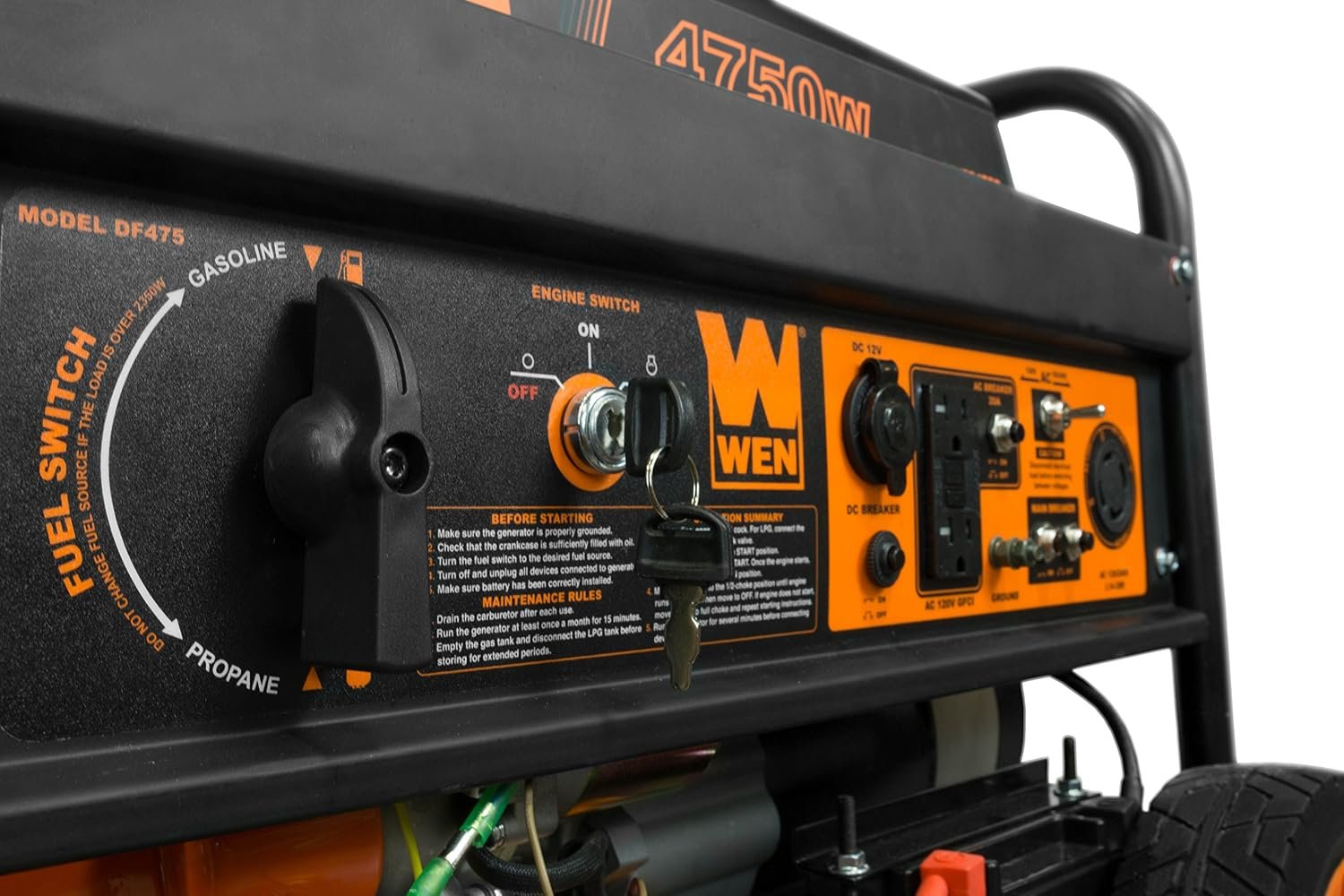 WEN 4,750-Watt 120V/240V Dual Fuel Portable Generator with Wheel Kit and Electric Start (DF475T) - Image 4