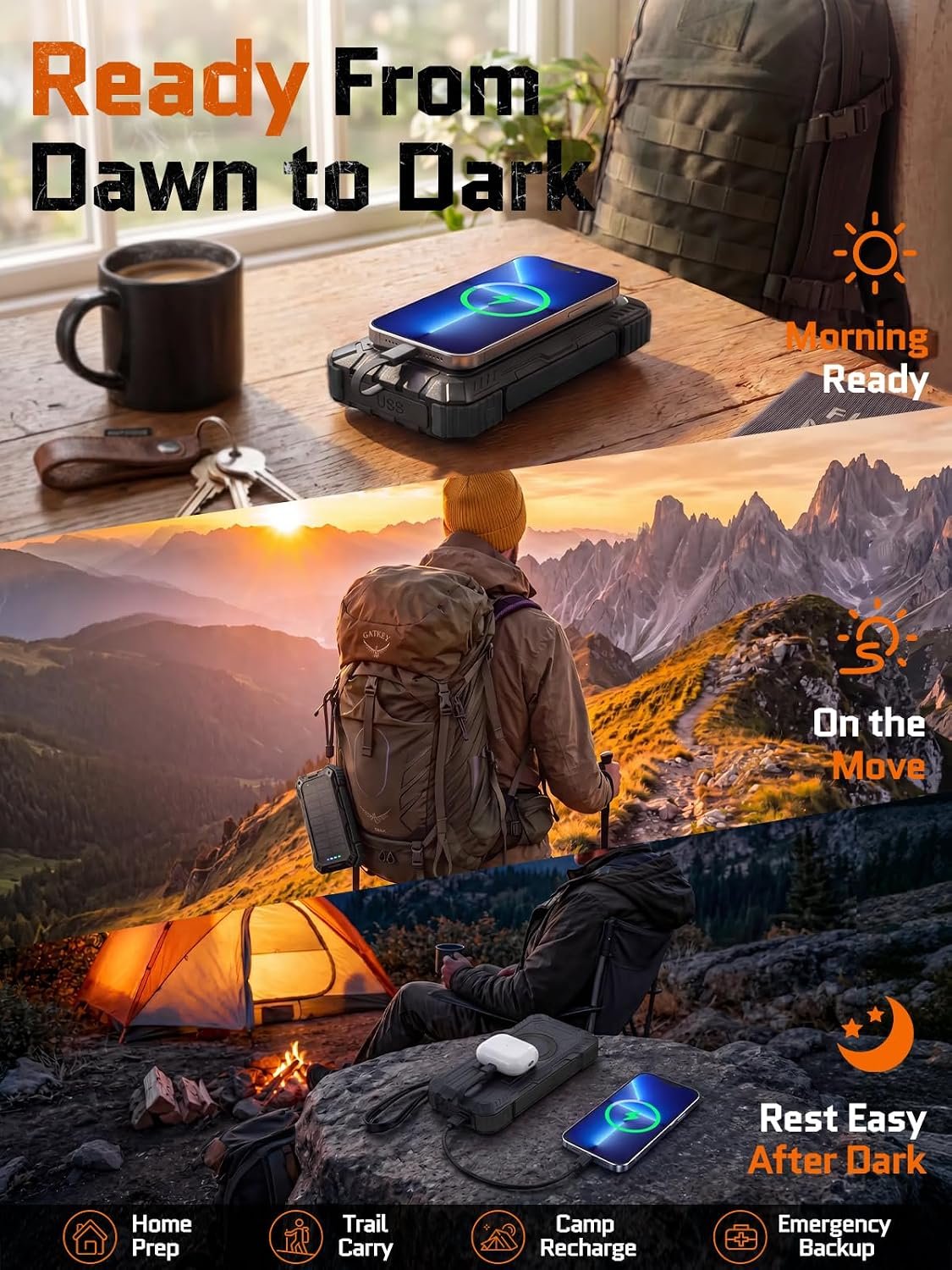 Solar Charger Power Bank - 49800mAh QC3.0 Fast Charging Portable Charger | 5V/3.1A Wireless Solar Battery Charger Built-in 4 Cables with USB C & Flashlight, Power 6 Devices for iPhone/Android(Inky) - Image 9