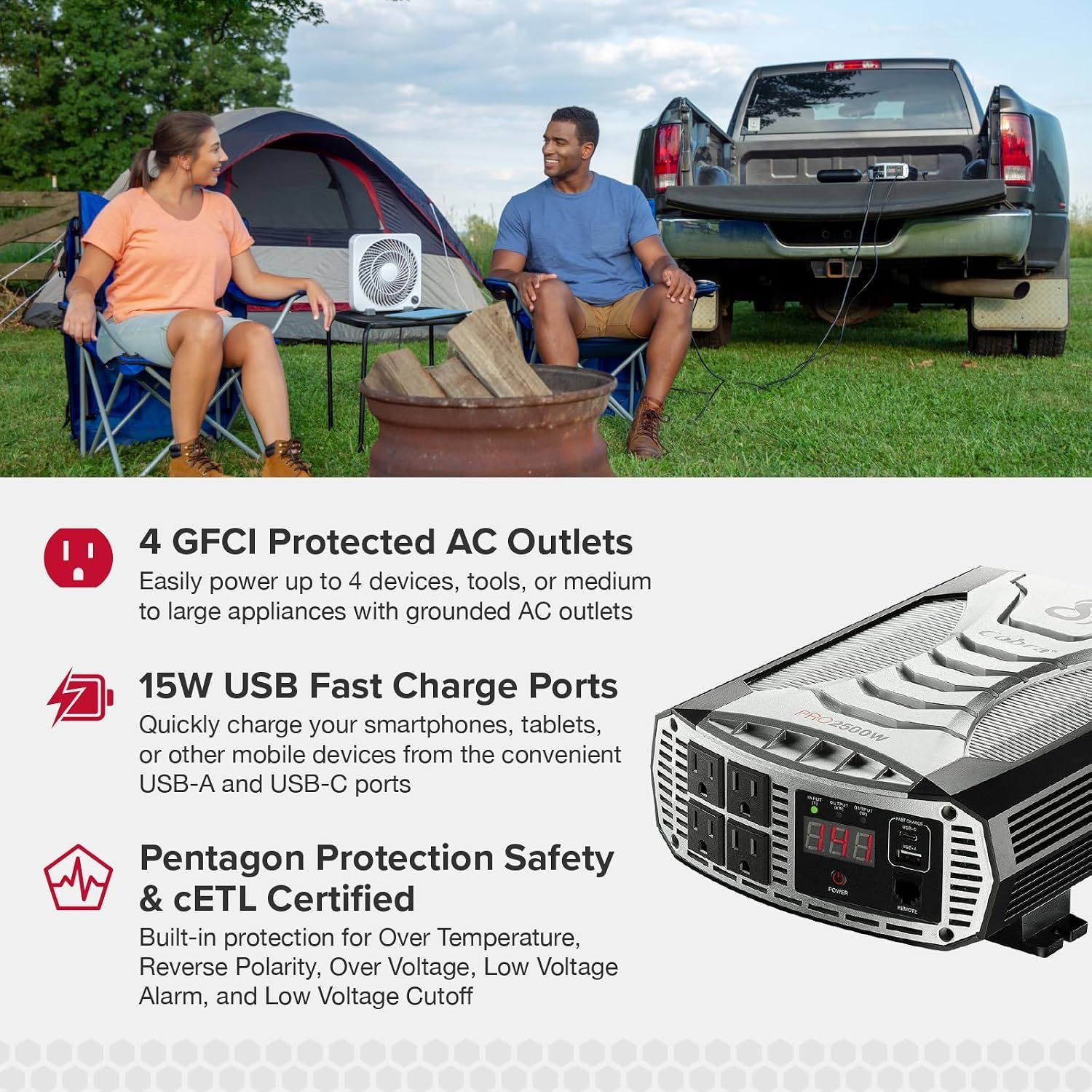Cobra PRO 2500W Professional Grade Power Inverter, Portable – 2500-Watt Car Charger, 4 Grounded AC Outlets, 2 Fast Charge USB Ports and Remote Controller (CPIALCDG1) Compatible | 2500-Watt Car Charger, 4 Grounded AC Outlets, 2 Fast Charge USB Ports and Remote Controller (CPIALCDG1) Compatible - Image 4