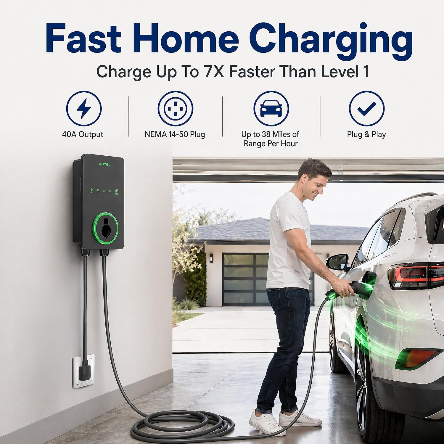 Autel Level 2 EV Charger 40 Amp Home Smart AI Electric Vehicle (EV) Charger, Wi-Fi and Bluetooth Enabled EVSE, with in-Body Holster and 25-Foot Cable NEMA 14-50 Plug(Dark Gray) - Image 2