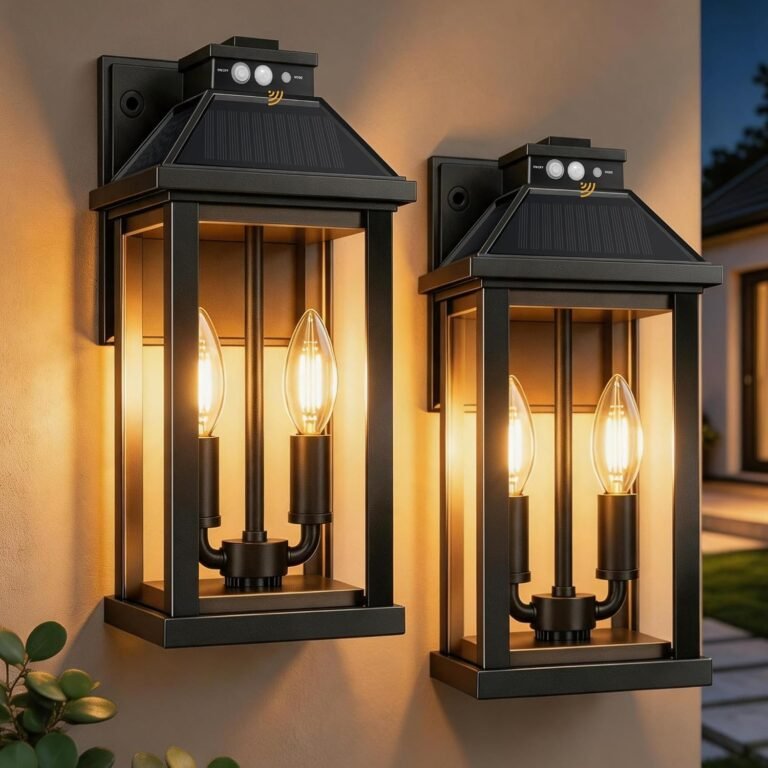 Solar Wall Lights Outdoor with 3 Lighting Modes & Motion Sensor, Outdoor Solar Dusk to Dawn Porch Lights, Waterproof Solar Wall Lantern Lights Fixture for Garage Shed Yard Garden Front Door, 2 Pack