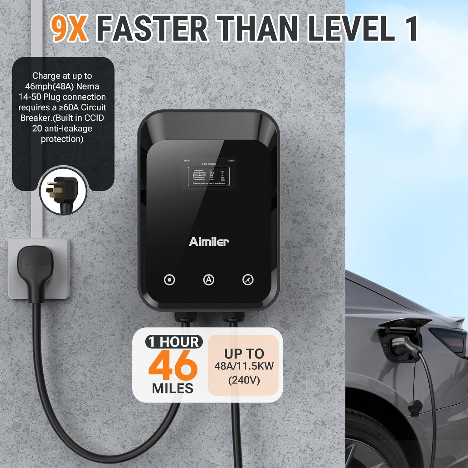 AIMILER Level 2 Electric Vehicle (EV) Charger(WiFi APP/Plug-Play), 48A, 25ft Cable ETL Certified, J1772 Connector EVSE EV Electric Car Charging Stations for Home Level 2 (Black 240V Nema 14-50P) - Image 5