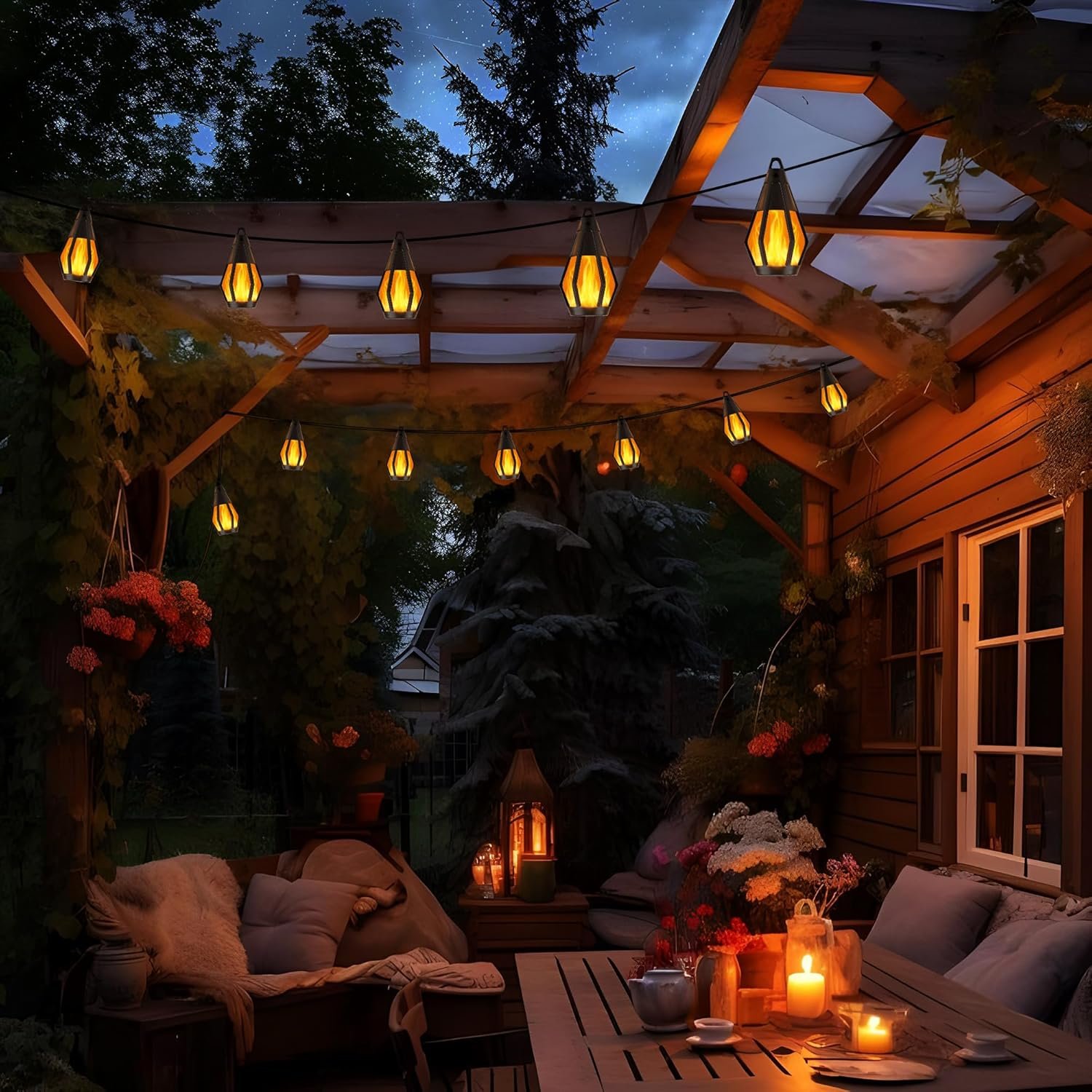 Solar String Lights for Outside, 21Ft Solar Patio Light with 10 Flickering | Flame Light Bulbs, Waterproof Orange Halloween Lights for Garden Yard Patio Gazebo Bistro Cafe Party Halloween Decorations - Image 8