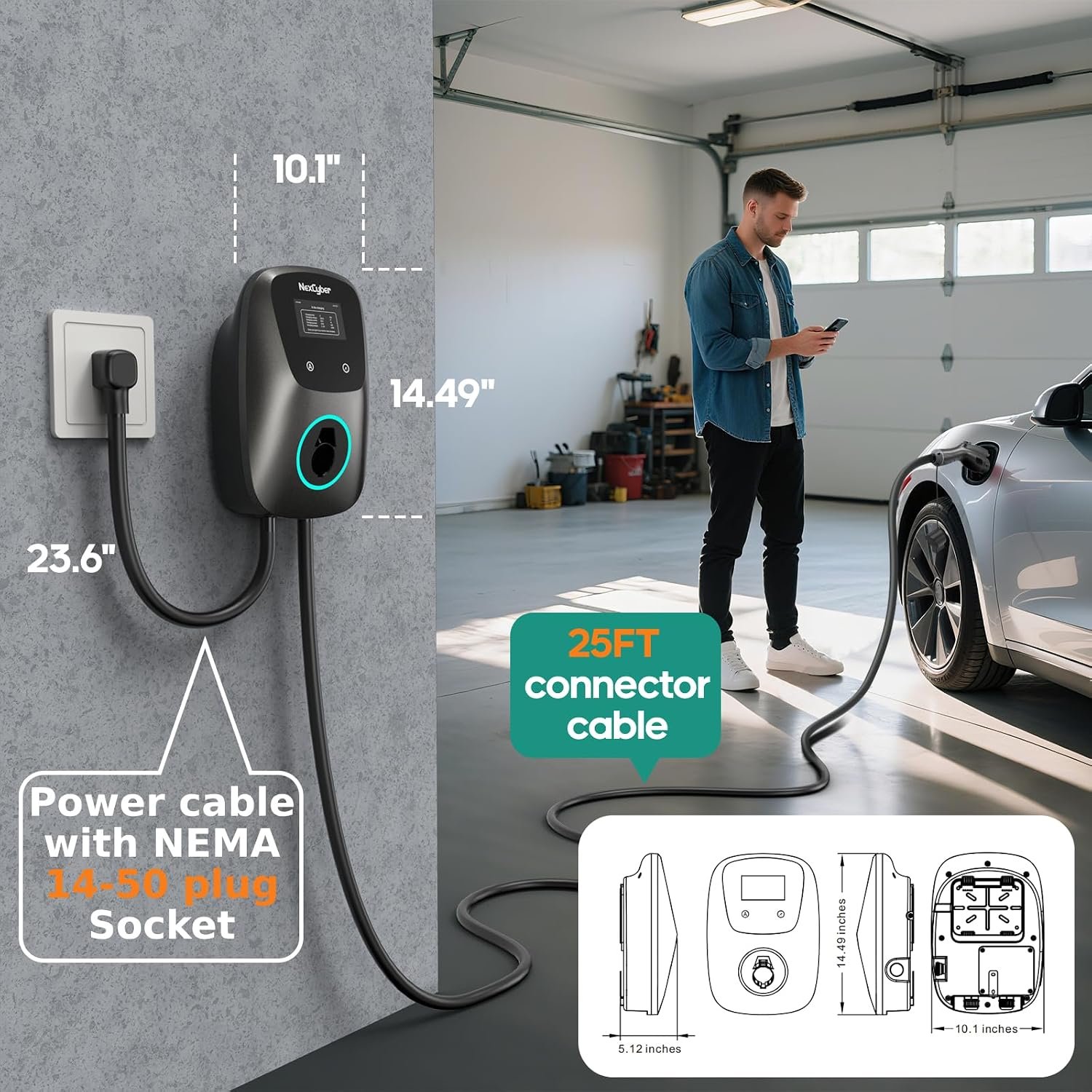 Level 2 EV Charger(WiFi APP/Plug-Play), 48A Nema 14-50p, 25ft Cable ETL Certified, Home Level 2 EVSE Car Charger w/ J1772 Connector, Electric Vehicle Charging Stations (46) - Image 5