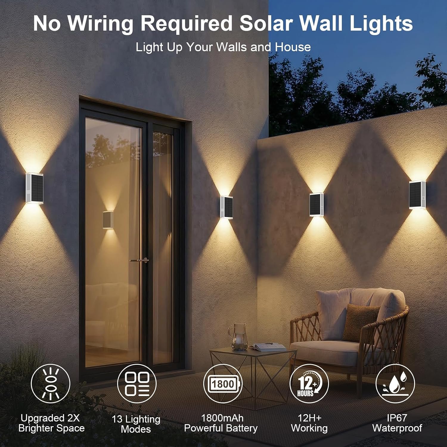 Solar Wall Lights,3000/4000/6000K/RGB 13 Modes Up & Down Wall Sconce,2Pack | 2X LED Lens IP67 Waterproof Solar Sconce Lights Up & Down Lighting Solar Lights Outdoor for Backyard/Patio/Garage/Porch - Image 7