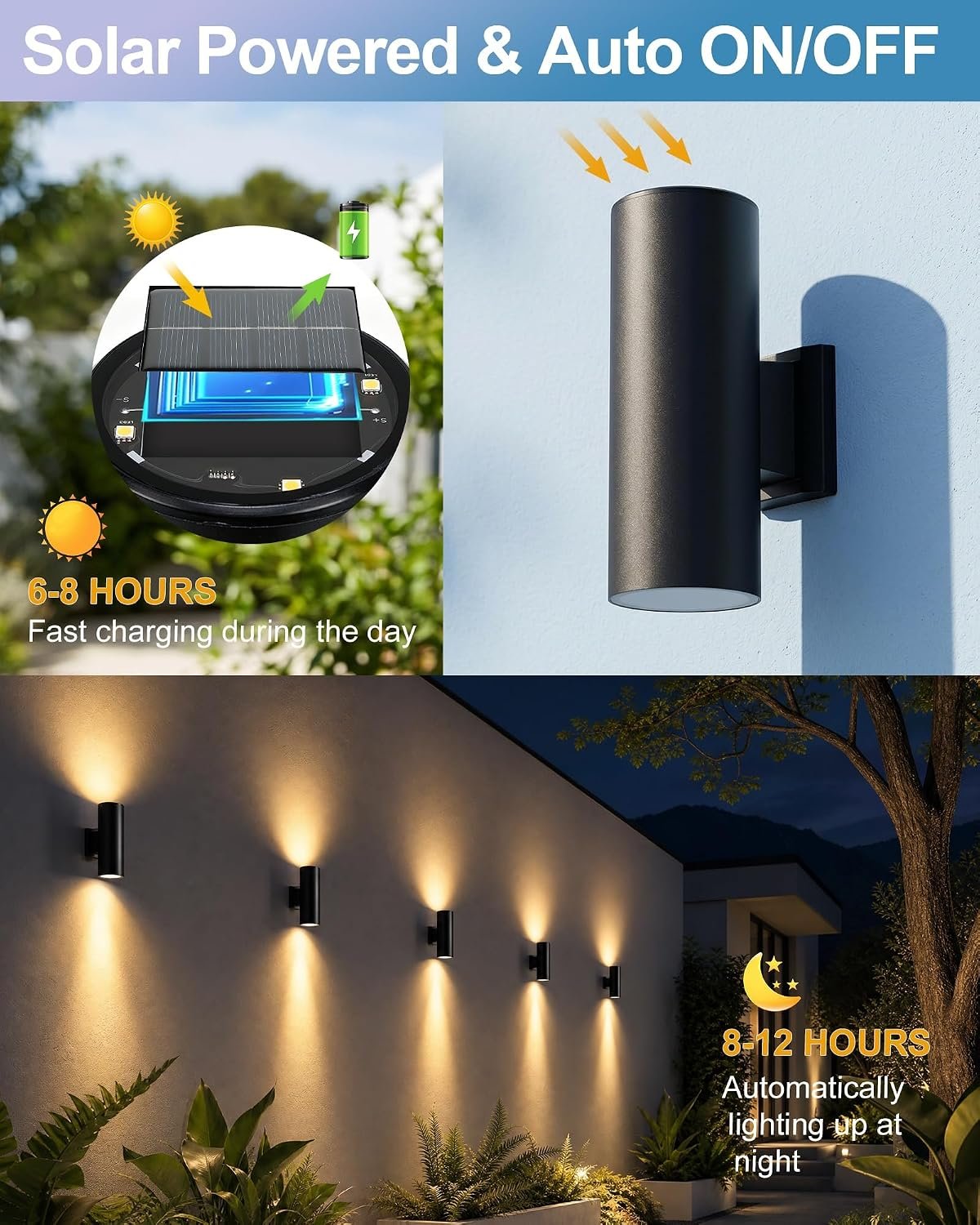 pearlstar 2 Pack Solar Wall Lights Outdoor Dusk to Dawn Solar Sconces Lights, Up & Down Warm White Glow IP65 Waterproof Wall Mount Lamp for Outside Garage Fence Patio Porch Yard, 10.6" - Image 3