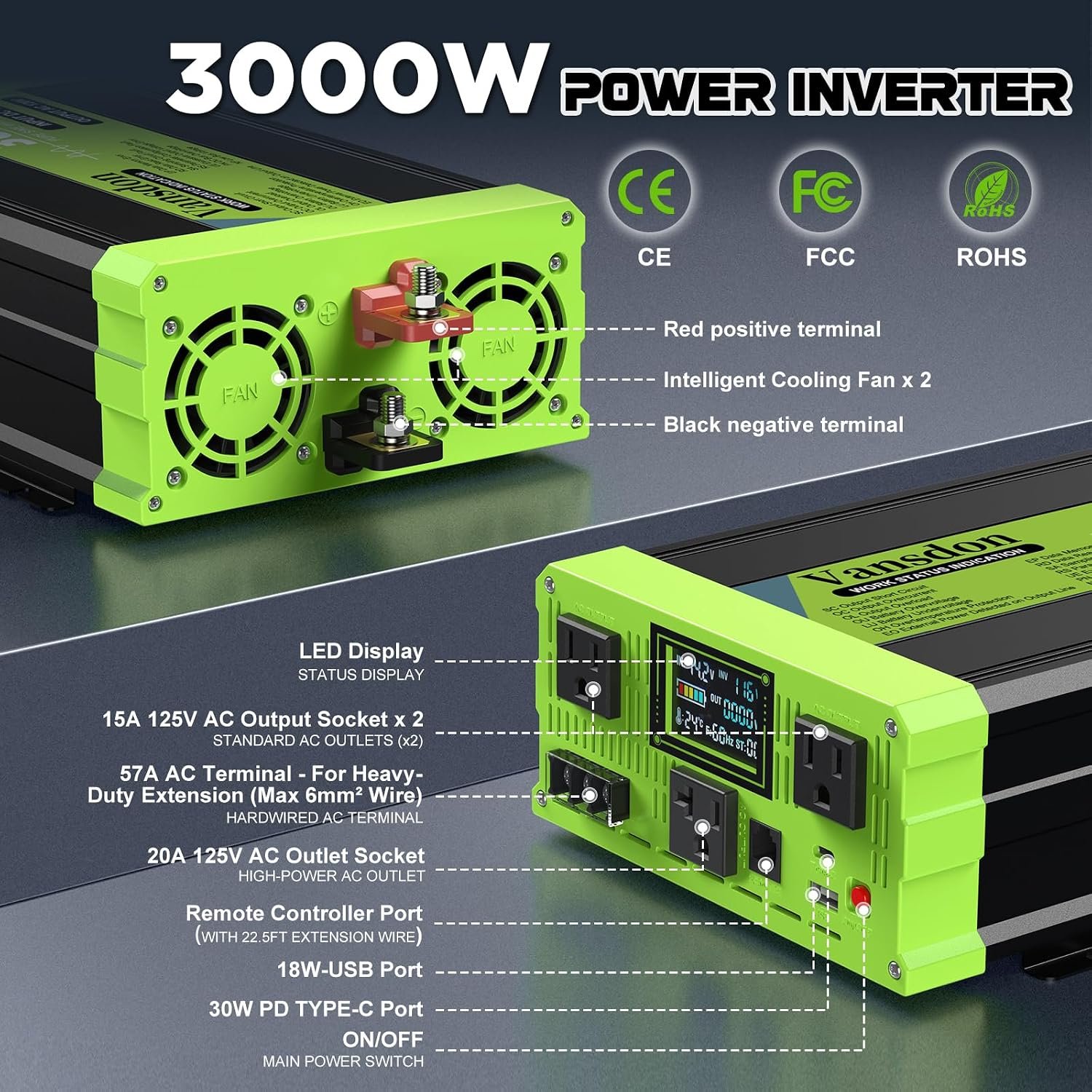 Vansdon 3000W Pure Sine Wave Inverter 12V DC to 120V AC Power Inverters for RV,Truck, Solar, Home, Off-Grid, Car with LCD Display, 3 AC Outlet, 30W USB-C, 5V 2.1A USB,Remote Control, Surge 6000W - Image 7