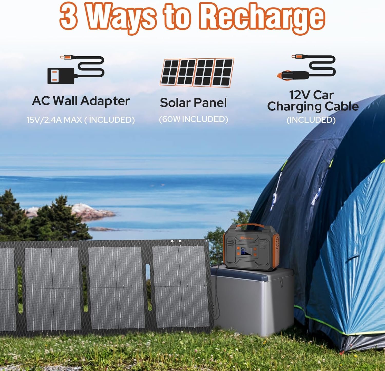 Portable Solar Generator 300W Portable Power Station with 60W Solar Panel | 110V Pure Sine Wave 280Wh Battery Solar Power Pack with USB QC3.0 DC AC Outlet for Camping Smart Device RV Van Outdoor-Orange - Image 4