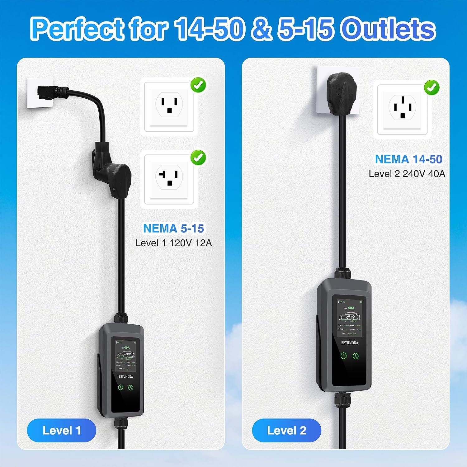 Level 2 EV Charger, 40A 25ft, 9.6kW, LED Display, J1772 EV/PHEVs. | 110V-240V, Portable EV Charger ,NEMA14-50 Plug&NEMA 5-15 Adapter Current Adjustable for All SAE J1772 - Image 3