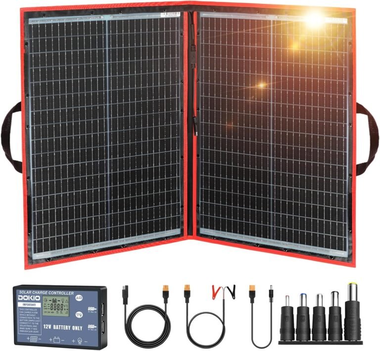 DOKIO 100W Portable Foldable Solar Panel Kit for 12V Battery Charging | Folds to 19 x 26 in and weighs 5.3 lb; includes controller and dual USB; for 12V batteries, power stations and camping.