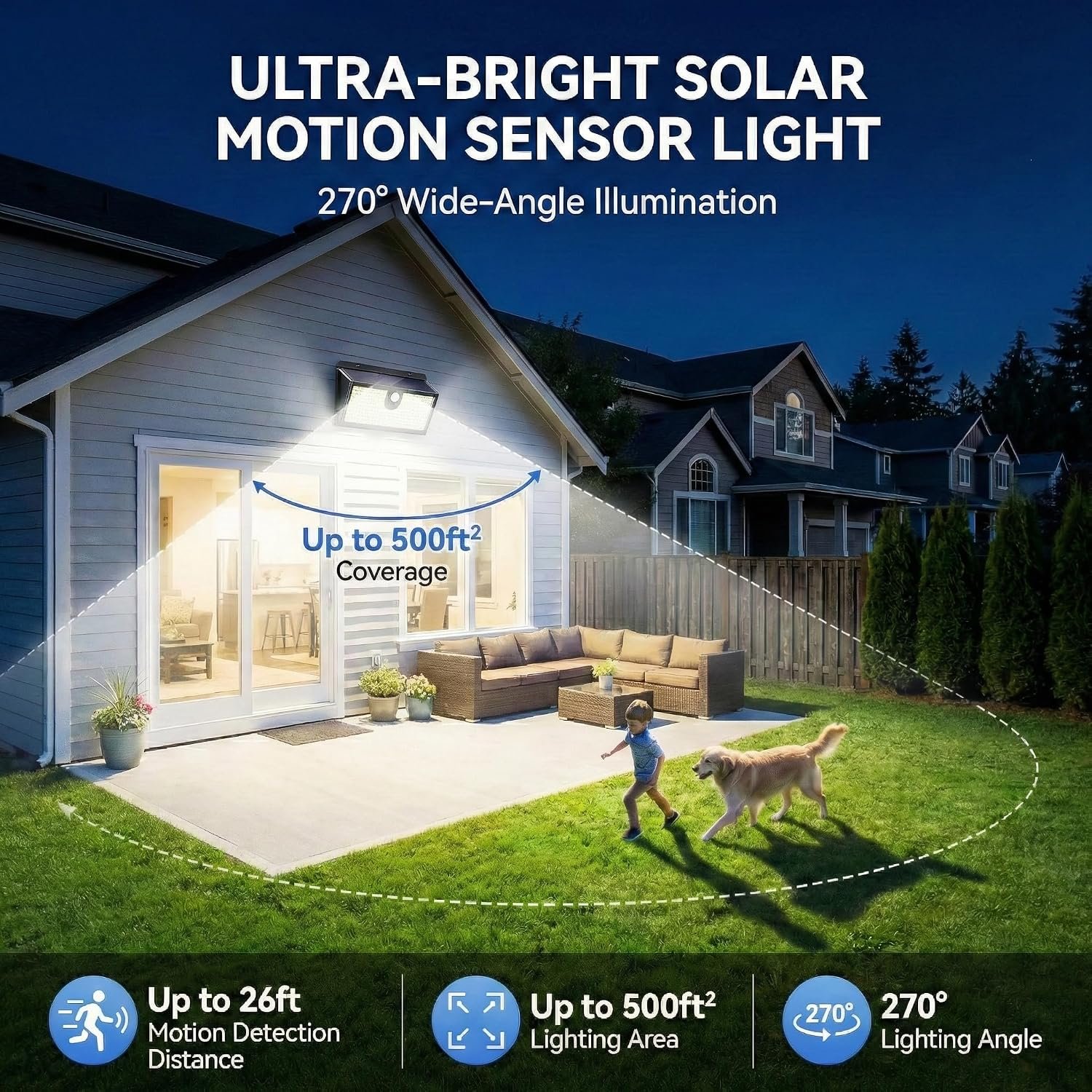 Solar Flood Lights Outdoor Motion Sensor, 452 LED Solar Security Lights with 26FT PIR Sensor, 270° Wide Angle, 30% Solar Conversion, IP65 Waterproof, 3 Modes for Yard Garage Fence Patio, 2 Pack - Image 4