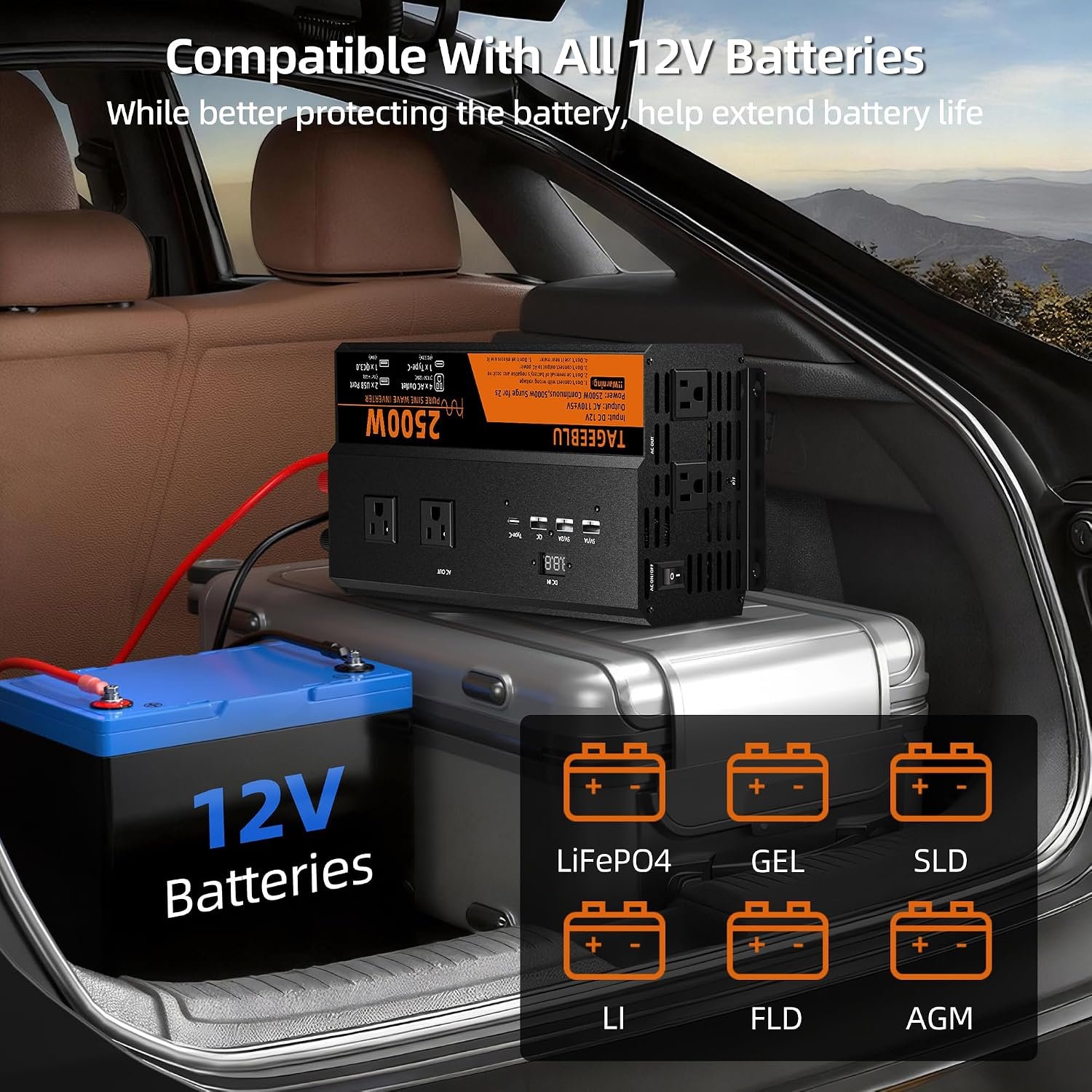 2500 Watt Pure Sine Wave Power Inverter, 12V DC to 110V 120V AC | Inverter for Car with 4 AC Outlets & 4 USB (30W QC & PD), LCD Display, 5000W Peak, Car Converter for Truck RV Home Off-Grid - Image 9