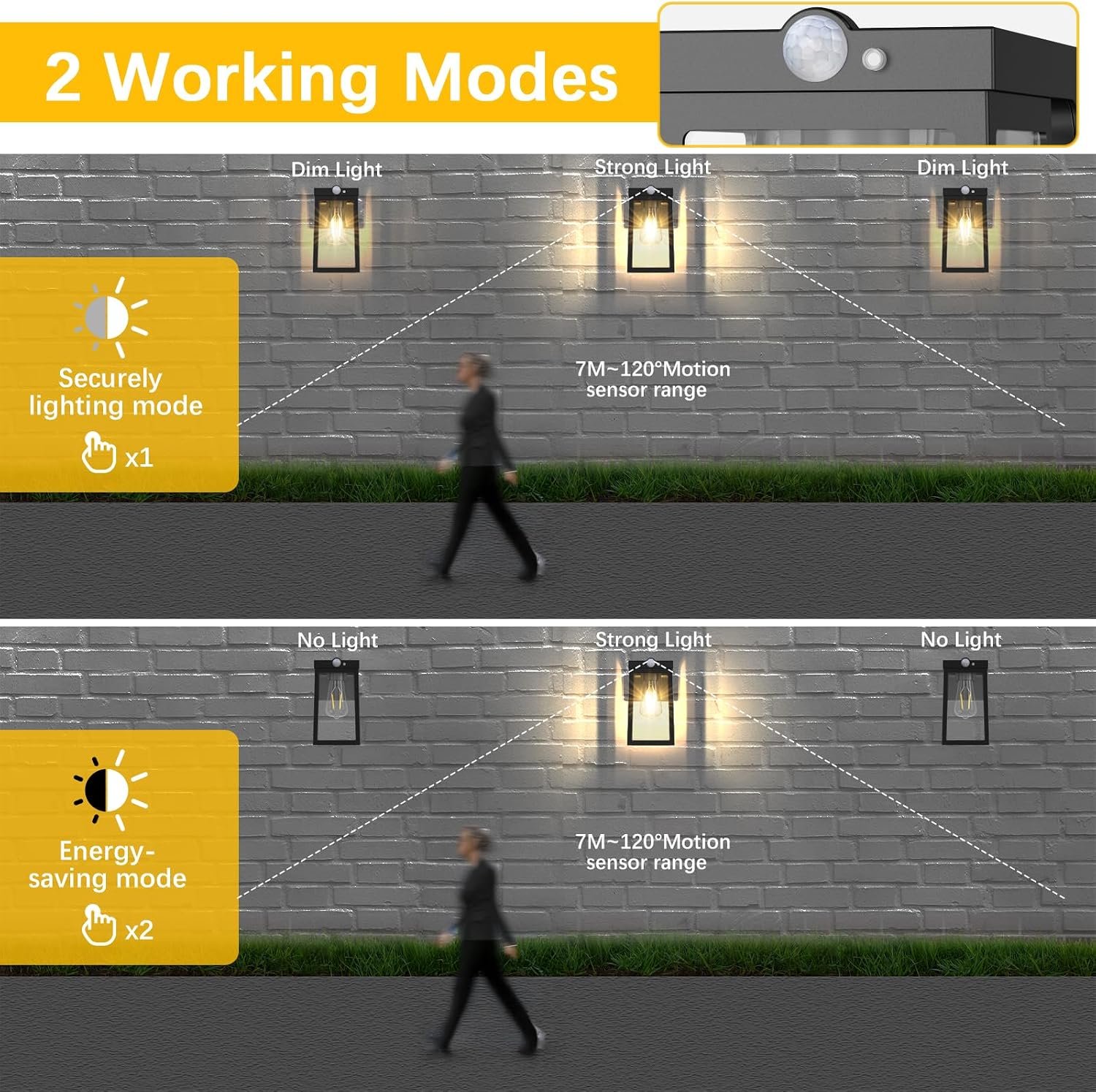 Greluna Solar Motion Sensor Lights, Solar Lights with 2 Modes & Waterproof, Dusk to Dawn Glass Outdoor Wall Lights for Entryway Exterior Front Porch Patio Fence Lantern (2 Pack) - Image 4