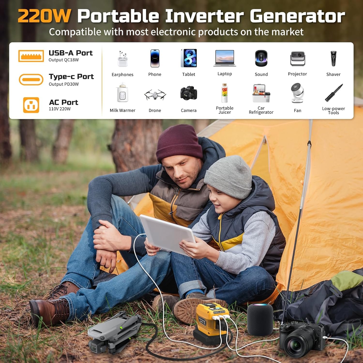 220W Power Inverter Compatible with Dewalt 20V Battery, DC 20V to AC 110V Inverter, Portable Power Station Generator with 1 AC Outlet, 2 USB Ports & 1 Type-C Fast Charging, 400LM LED Work Light - Image 9