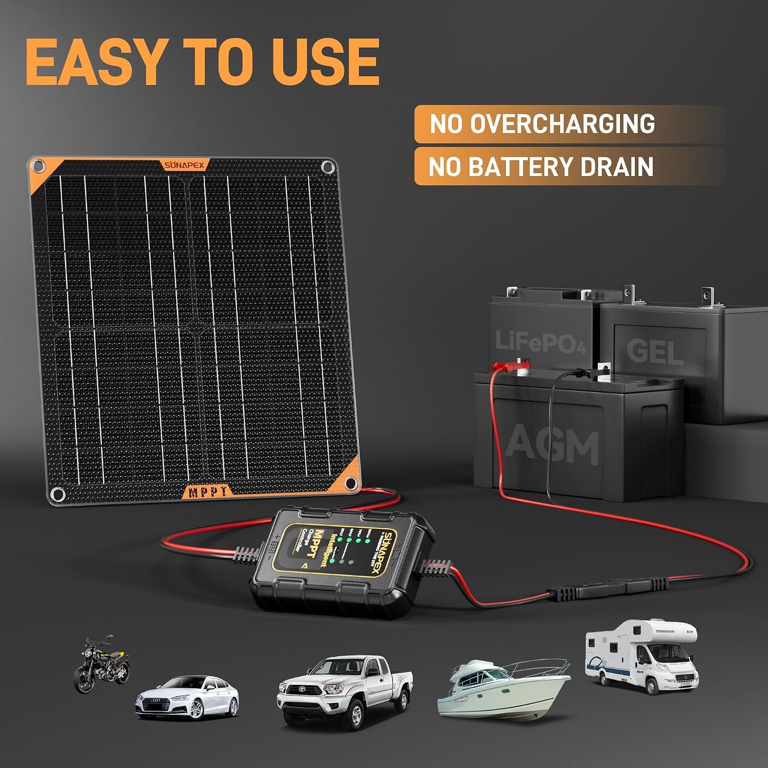 SUNAPEX MPPT 30Watt 12V Solar Car Battery Trickle Charger & Maintainer | Waterproof Flexible Solar Panel Kit | Prevents Overcharging with Smart Controller | Fits 12V Batteries for Boats, RVs & More - Image 6