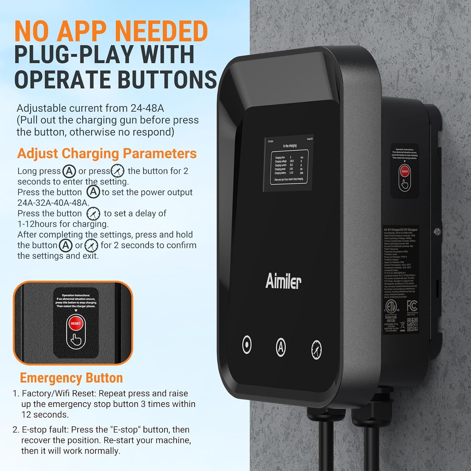 AIMILER Level 2 Electric Vehicle (EV) Charger(WiFi APP/Plug-Play), 48A, 25ft Cable ETL Certified, J1772 Connector EVSE EV Electric Car Charging Stations for Home Level 2 (Black 240V Nema 14-50P) - Image 4