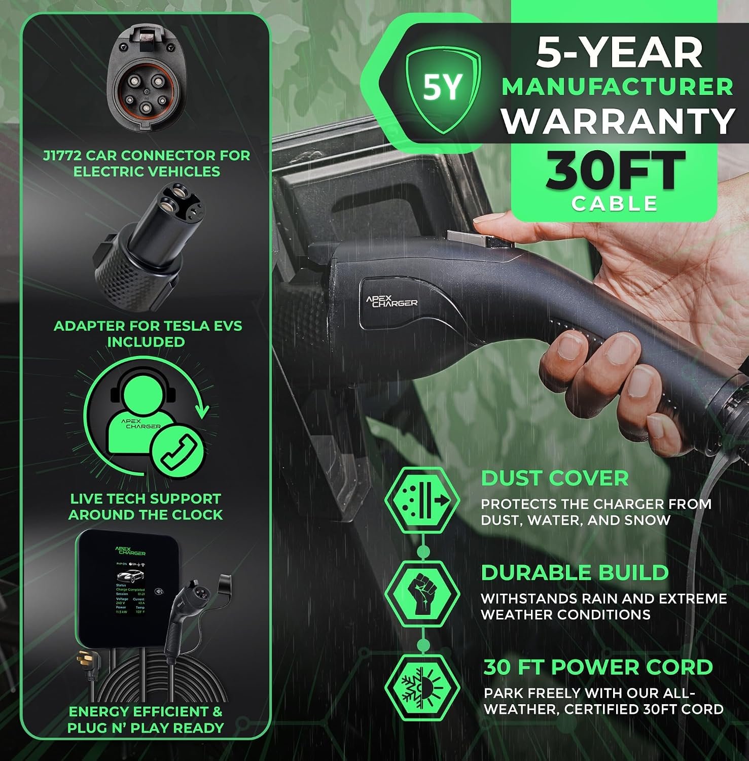 MACH 2:Fast Level 2 EV Charger 48 amp Garage-pro wall-Mount. Electric Vehicle Charging Station 4 Nema 14-50 Outlet. J1772 car Connector. Key Accessories: 30ft Cable & Tesla NACS evse Portable Adapter - Image 3