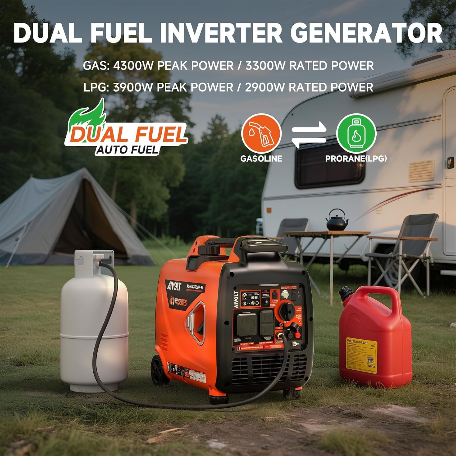 AIVOLT 4300W Dual Fuel Inverter Generator 53dB Quiet for RV Camp Home | Remote/Electric Start. 64lbs Wheels Kit. Auto-Switch Gas/Propane. 34h Propane Runtime. CO Auto-Shutoff. Parallel Ready. - Image 4