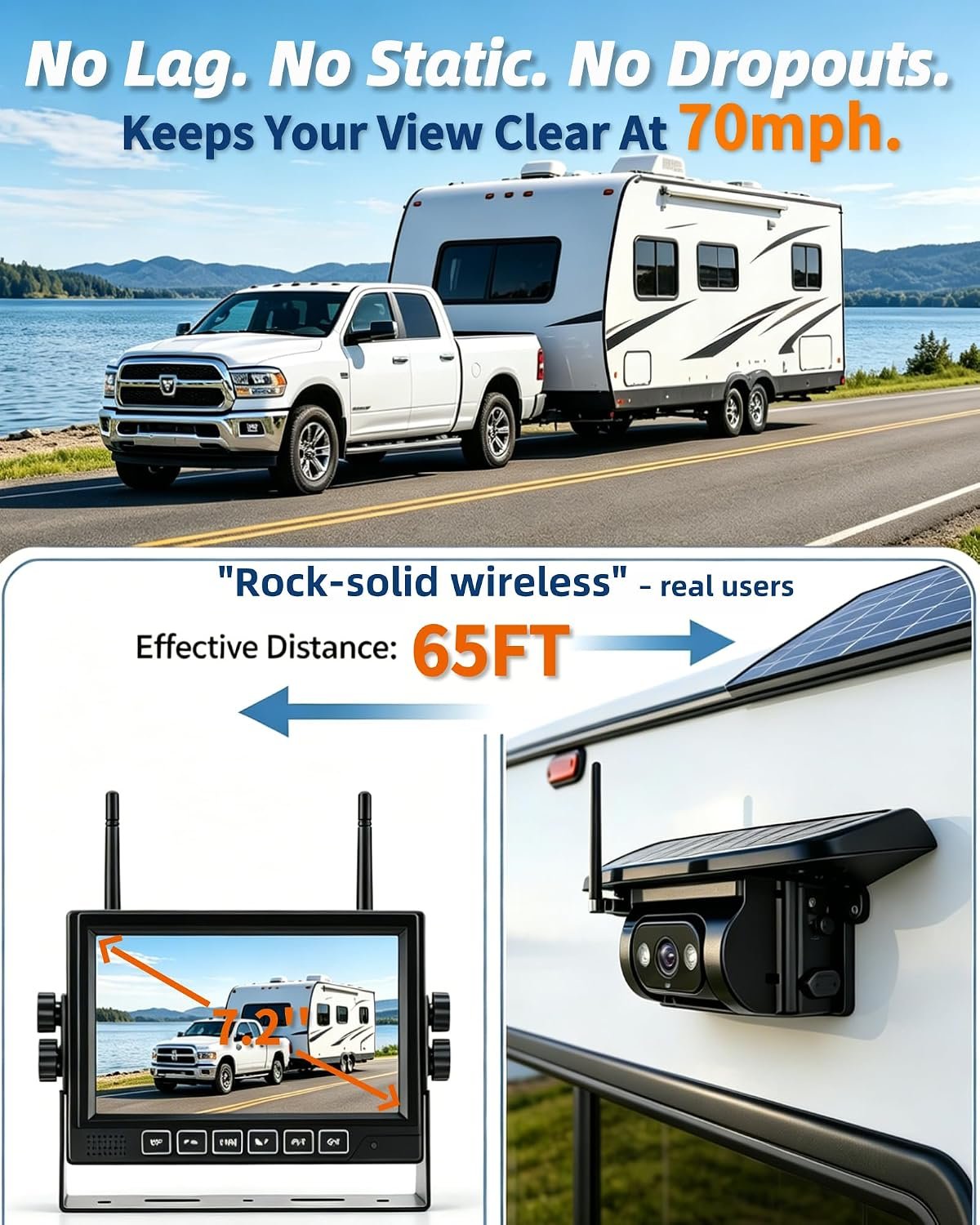 HD 1080P Dual Wireless Backup Camera: 15200mAh Battery Up to 3-Day Trip | 1-Second Magnetic Easy Install Solar RV Backup Camera with 7.2-inch Split-Screen DVR Monitor for RV Camping & Travel Trailers - Image 5